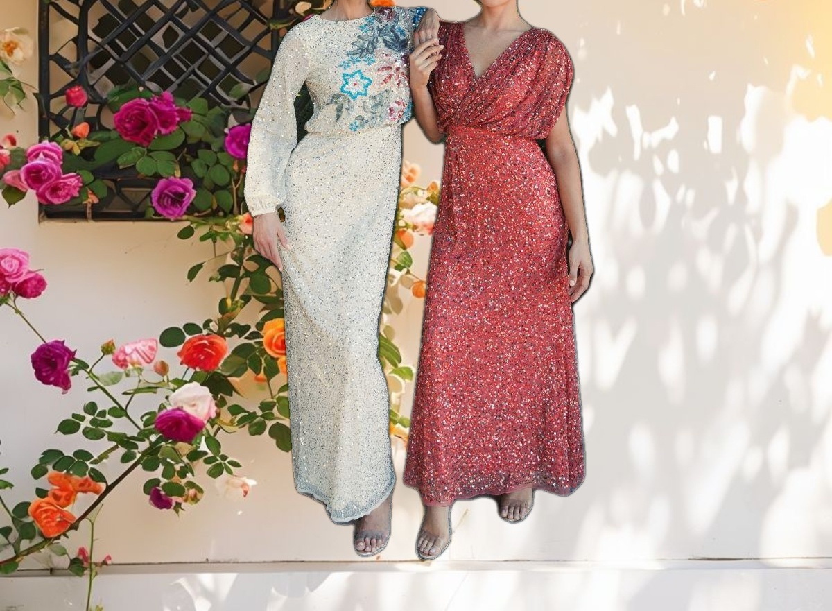 Beige Embellished Floral High Neck Gown