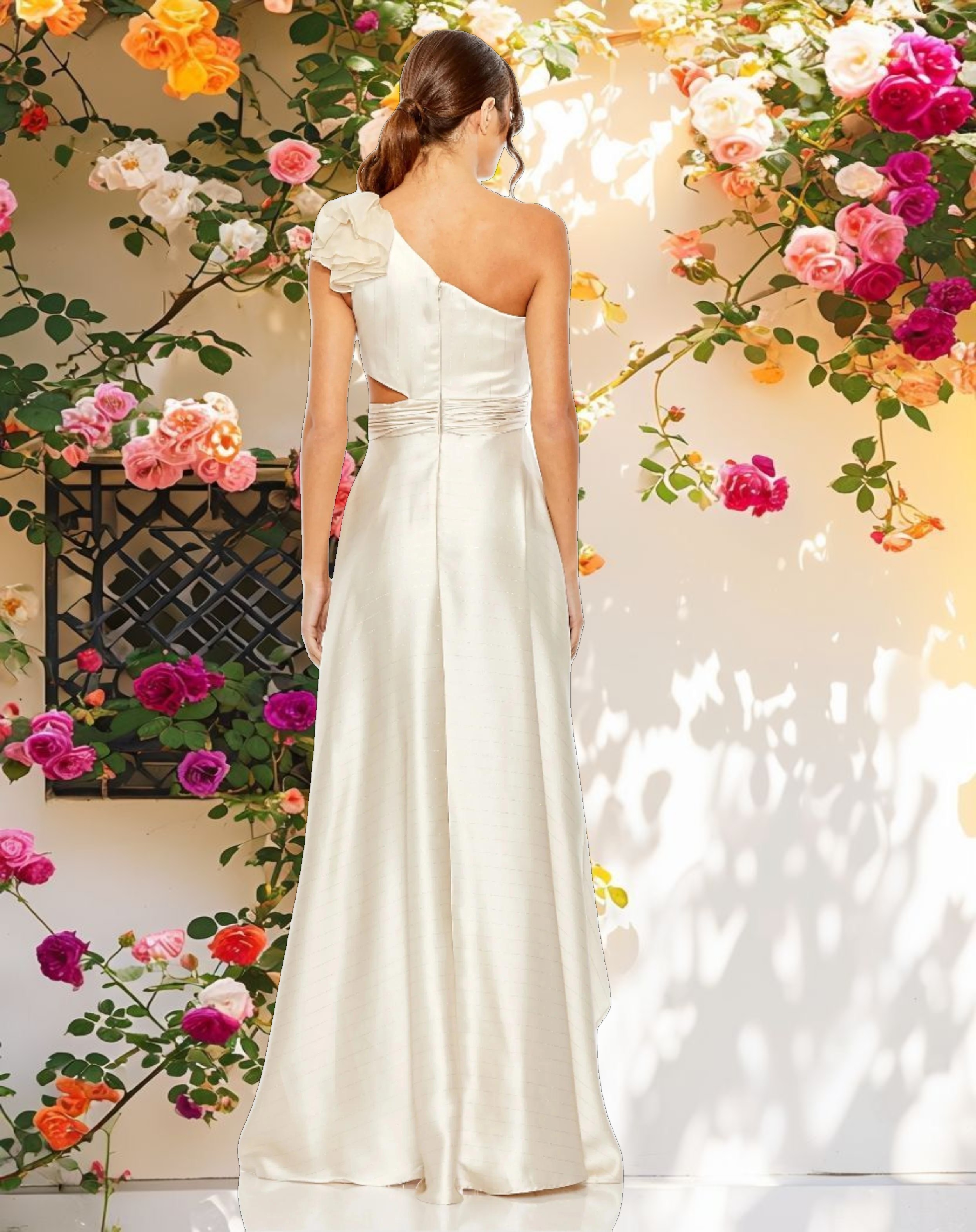 Beige Ruffled One Shoulder Cut Out Hi Low Gown