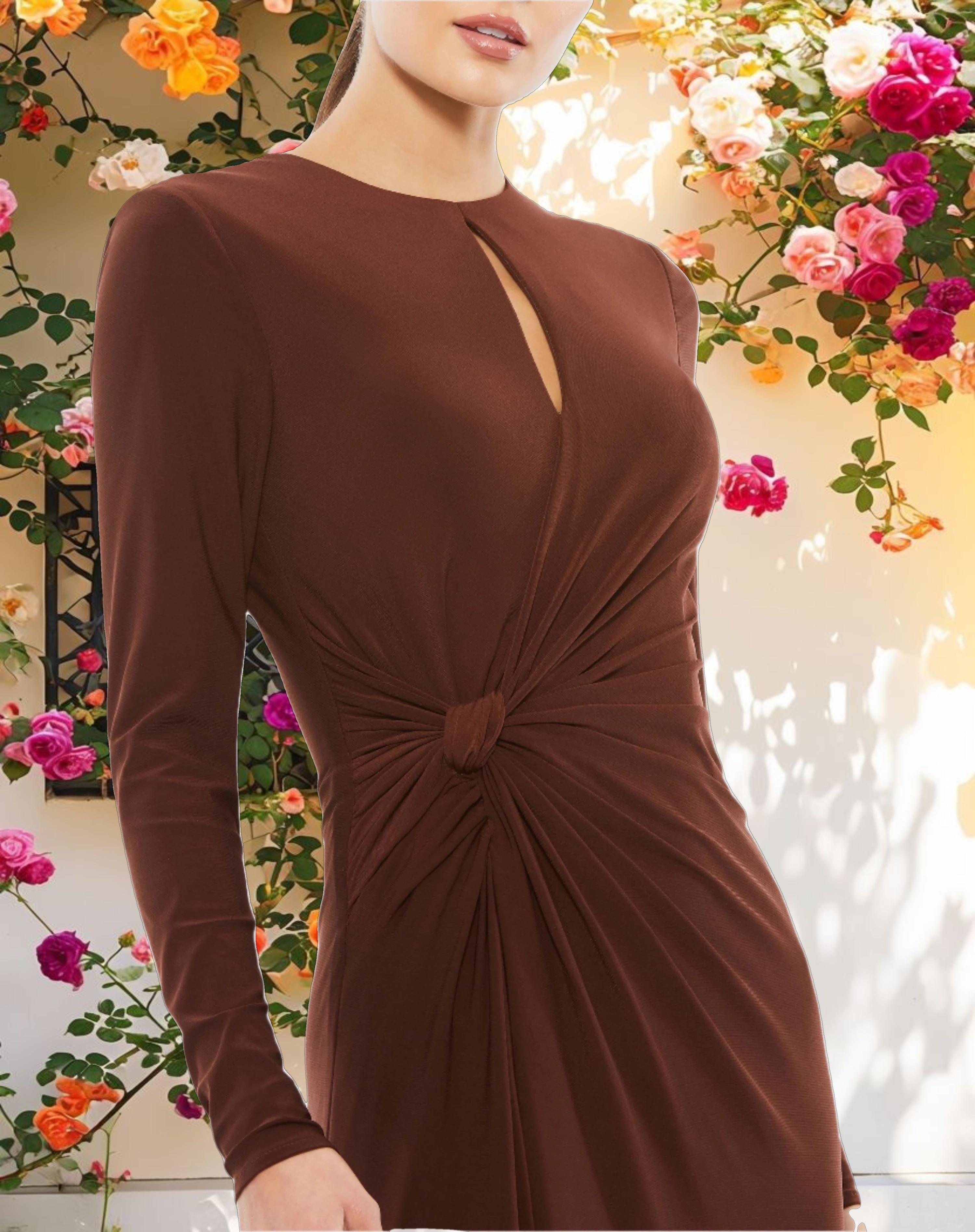 Brown Long Sleeve Keyhole Draped Gown