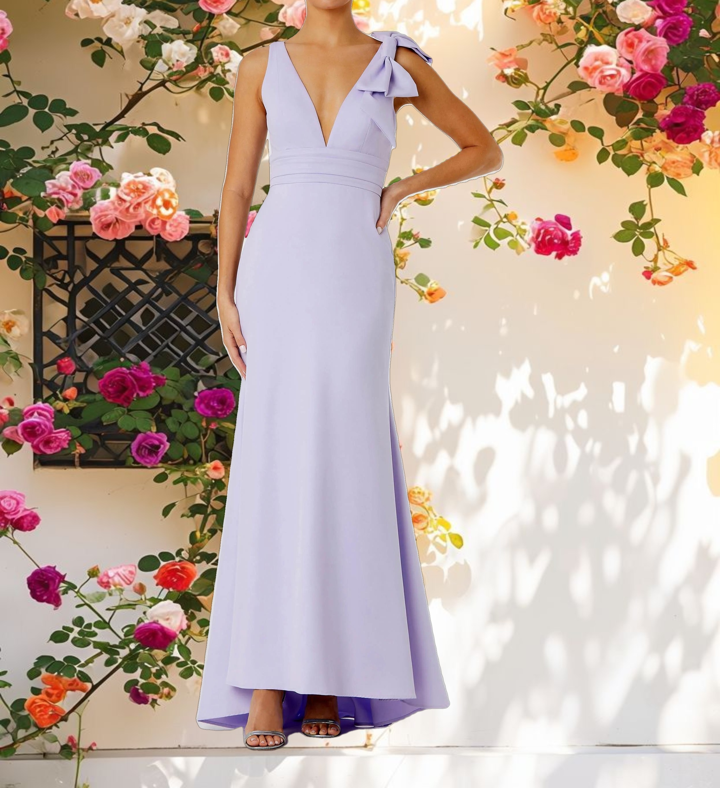 Sleeveless V Neck Bow Detail Mermaid Gown