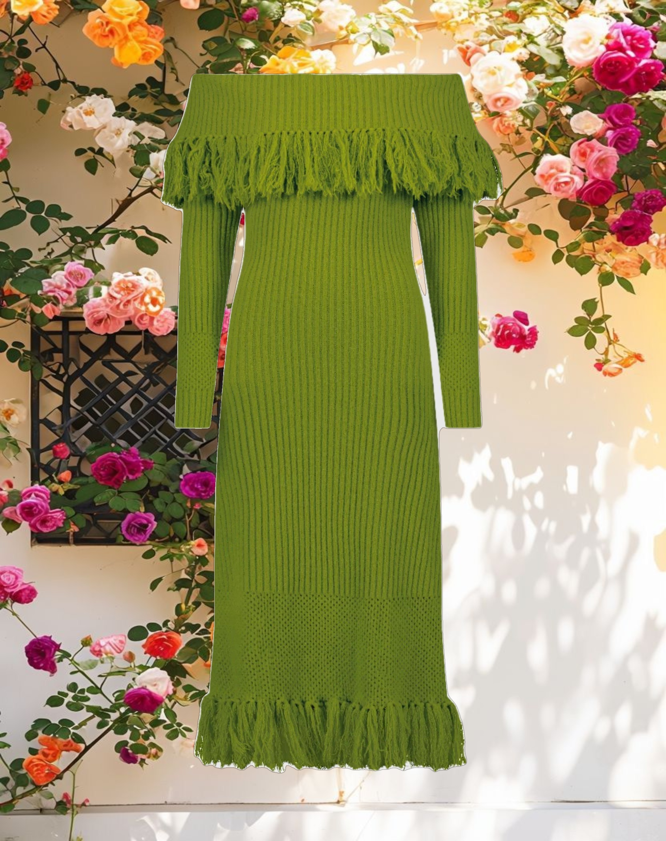 Bohemian Fringe Long Sleeve Knit Dress