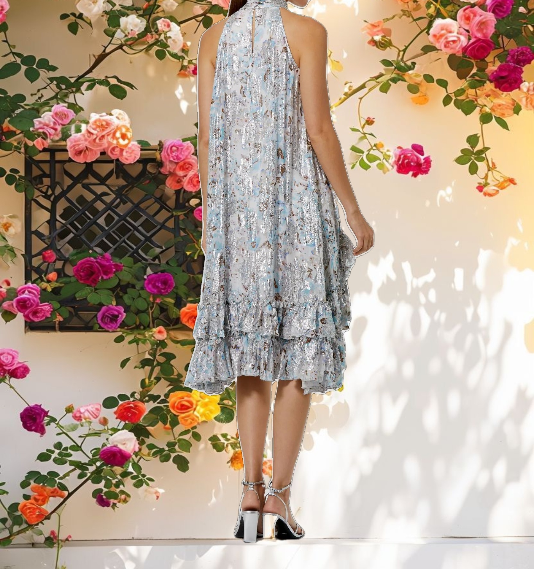 Multicolored Floral High Neck Keyhole A Line Ruffle Mini Dress