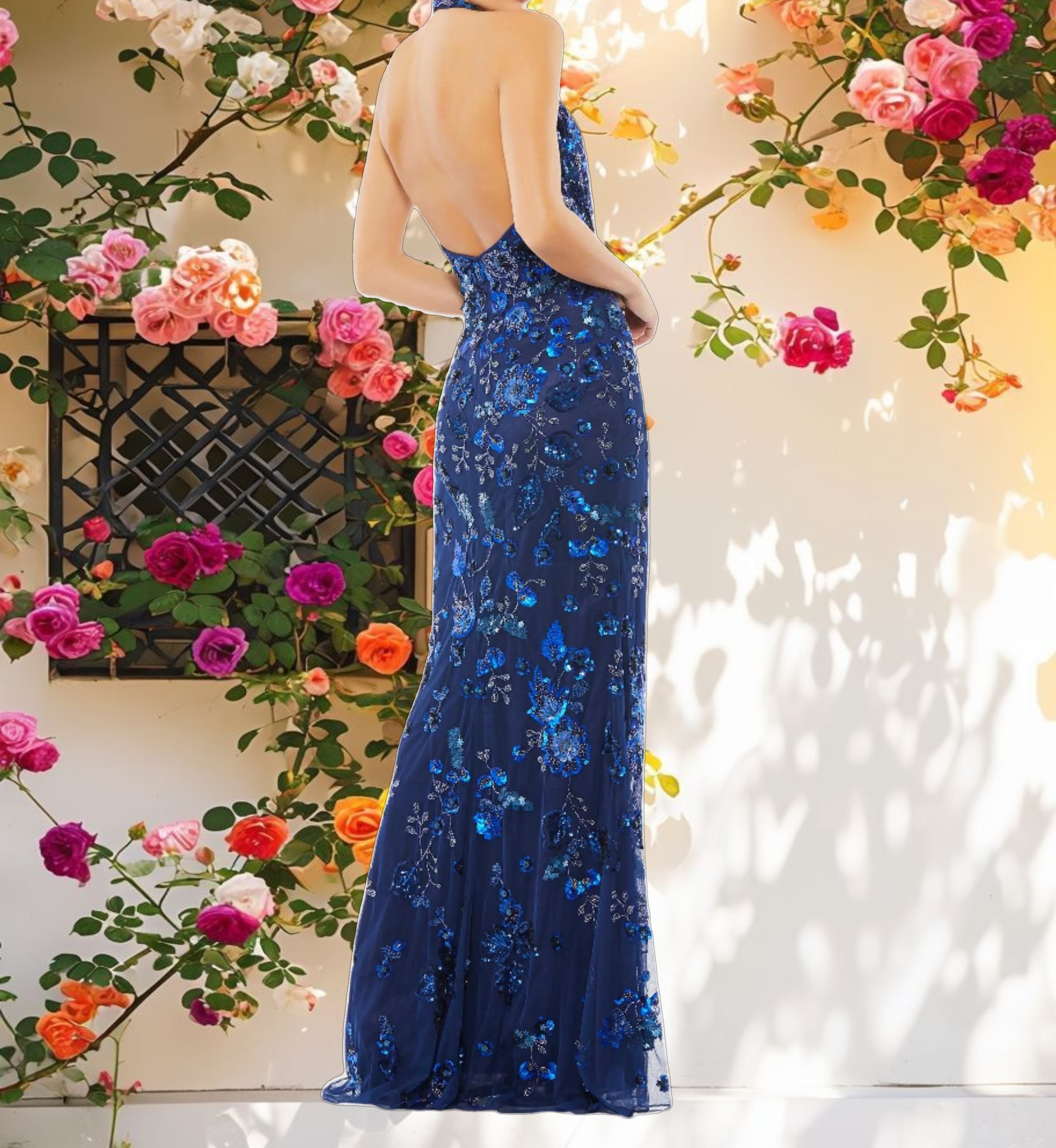 Blue Floral Decorated Halter Dress