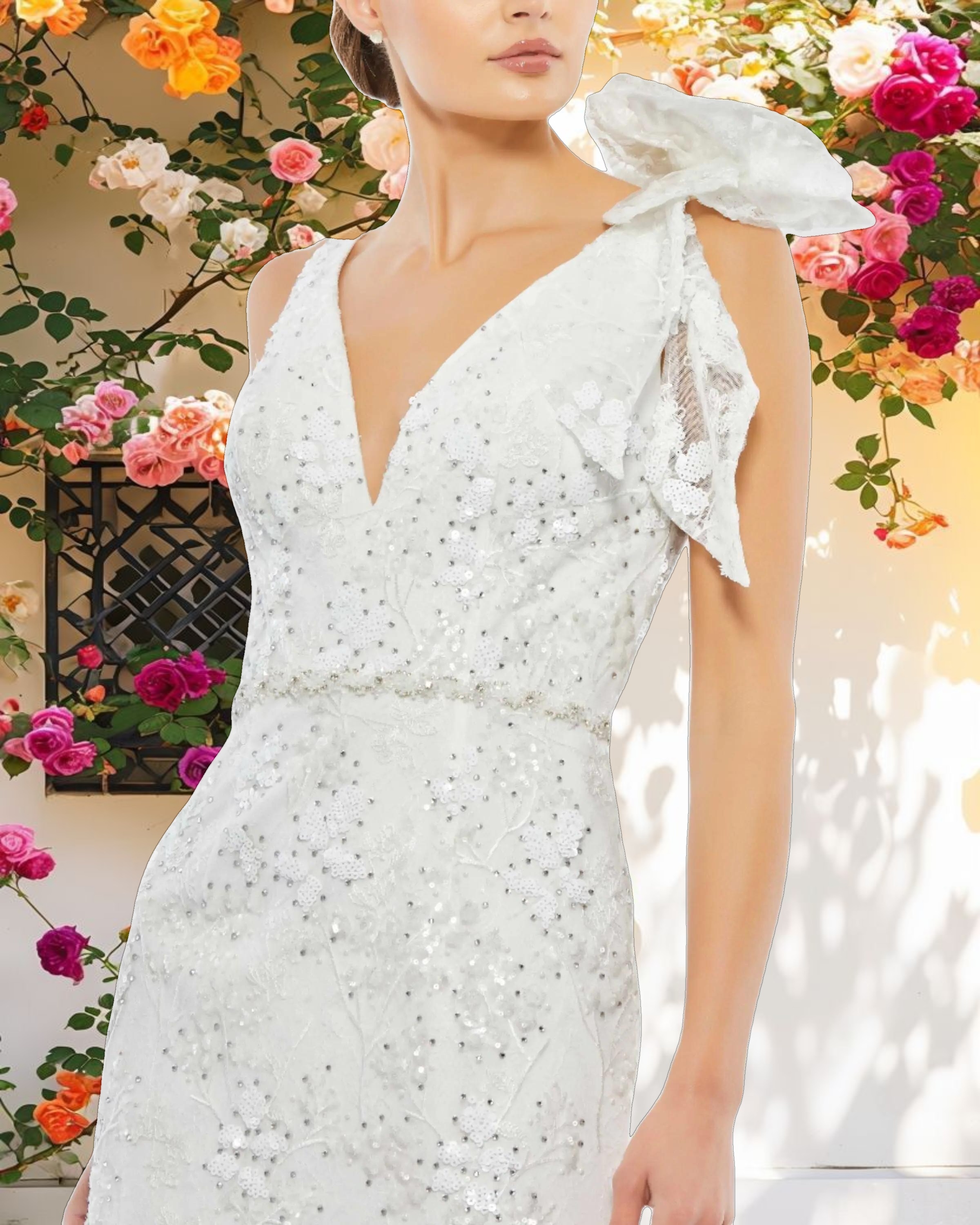 White Floral Embellished V-neck Midi Dress