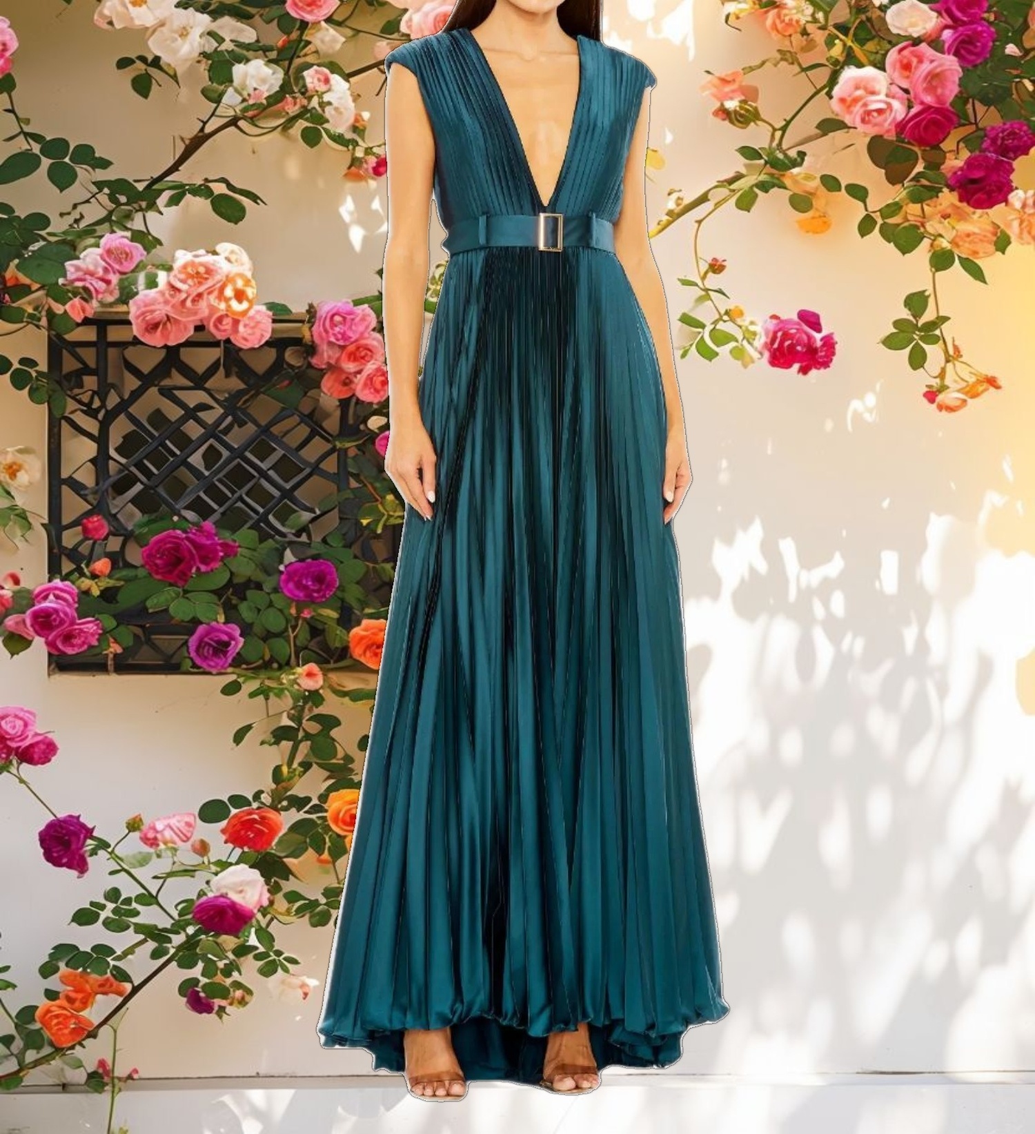 Blue Pleated Plunge Neck Belted A Line Gown