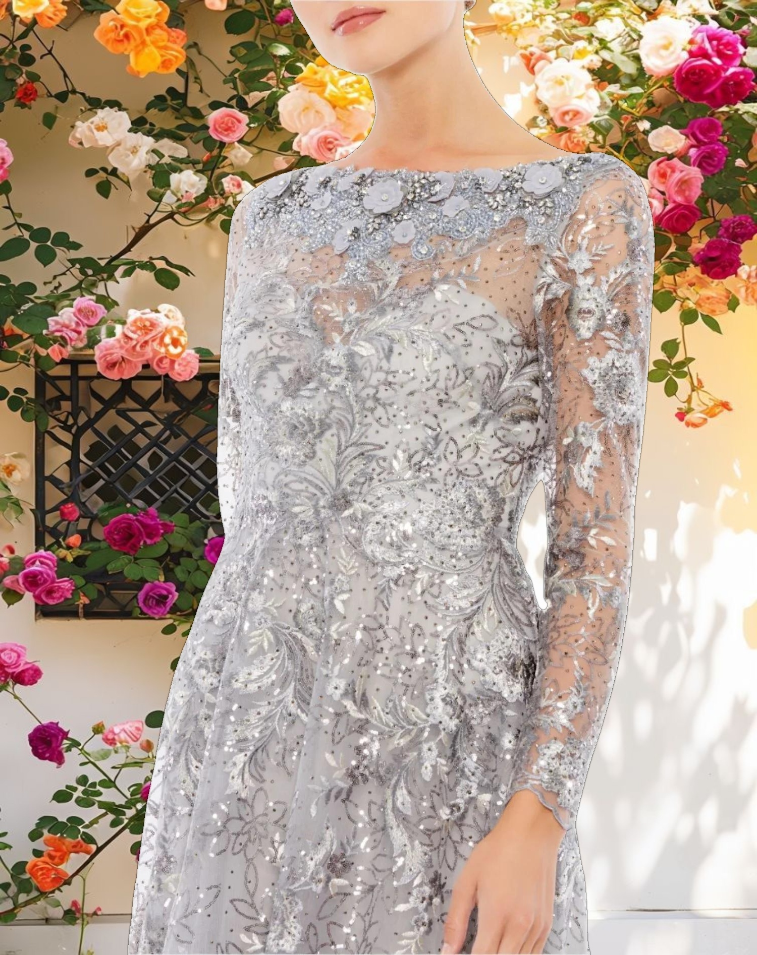 Gray Floral Embroidered Illusion Long Sleeve Gown