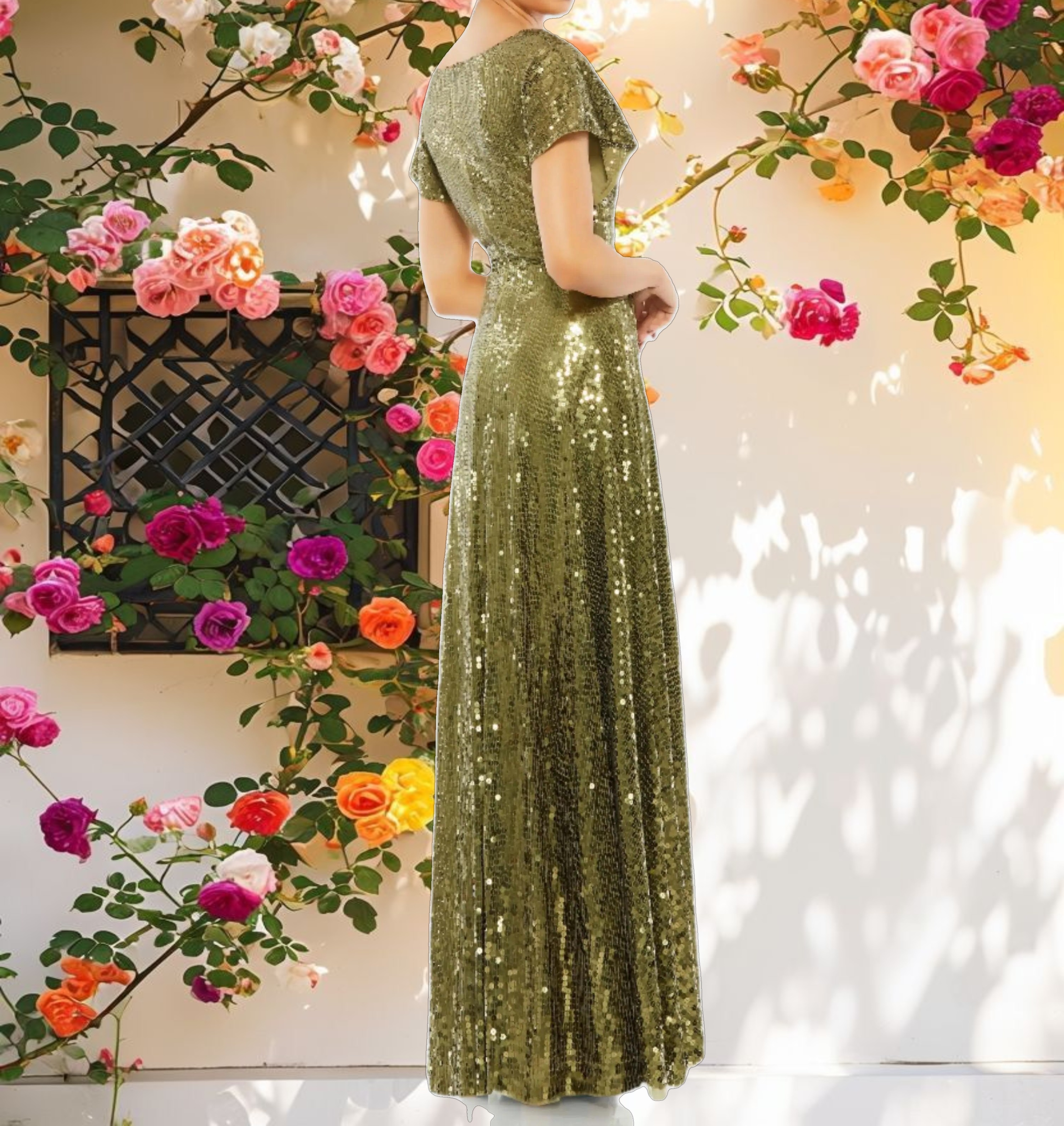 Green Sequined Butterfly Sleeve Wrap Over A Line Gown