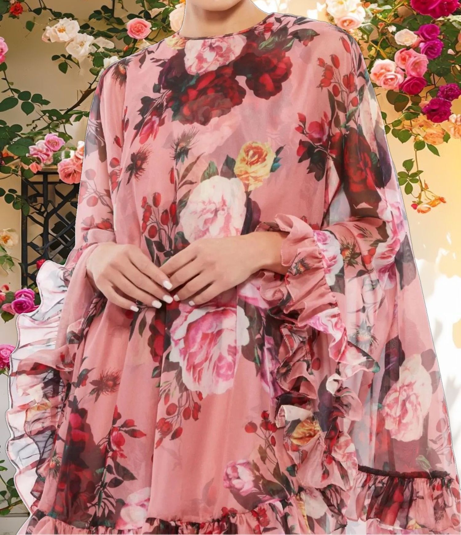 Multicolor Floral Print High Neck Ruffle Hem Cape Mini Dress