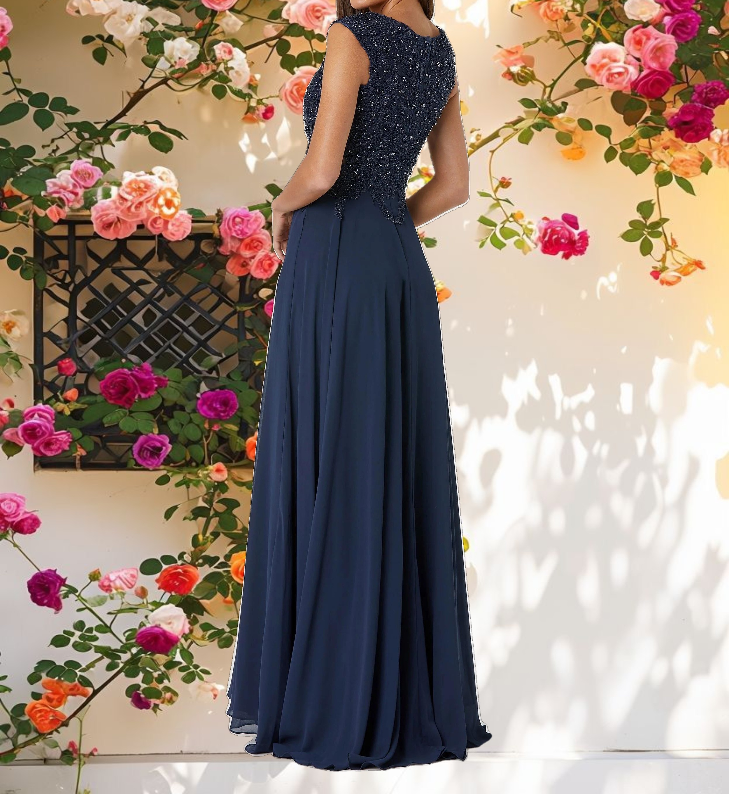Navy Applique Cap Sleeve Bodice Flowy Gown