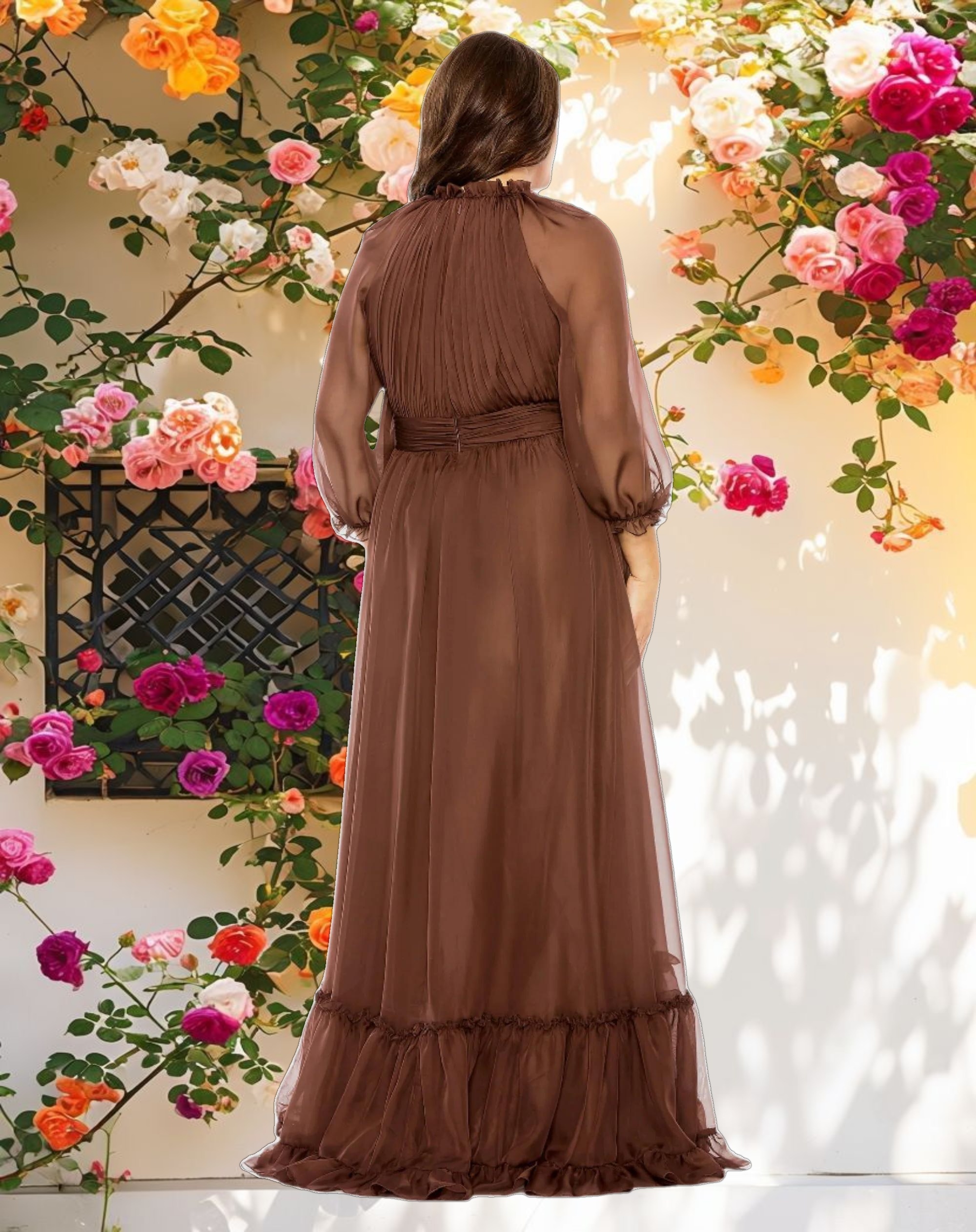 Elegant High Neck Puff Sleeve Tiered A Line Gown