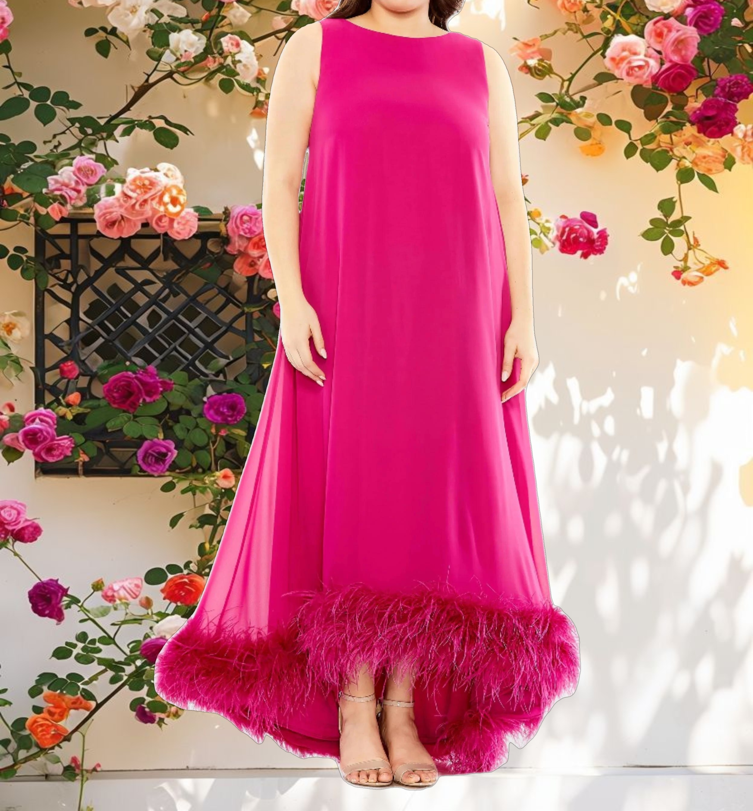 High Neck Feather Hem Gown