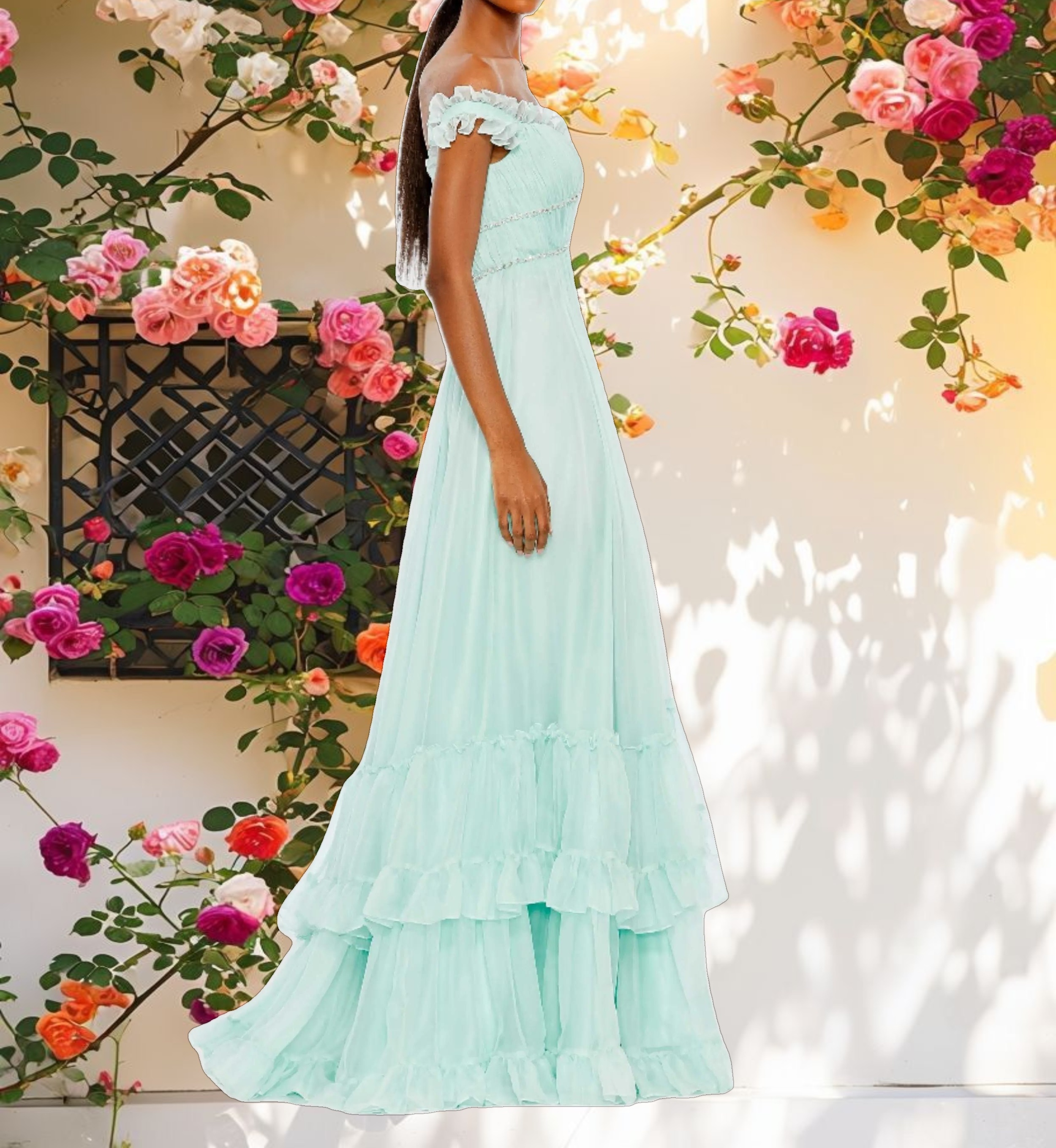 Blue Ruffle Tiered Babydoll Flowy Gown