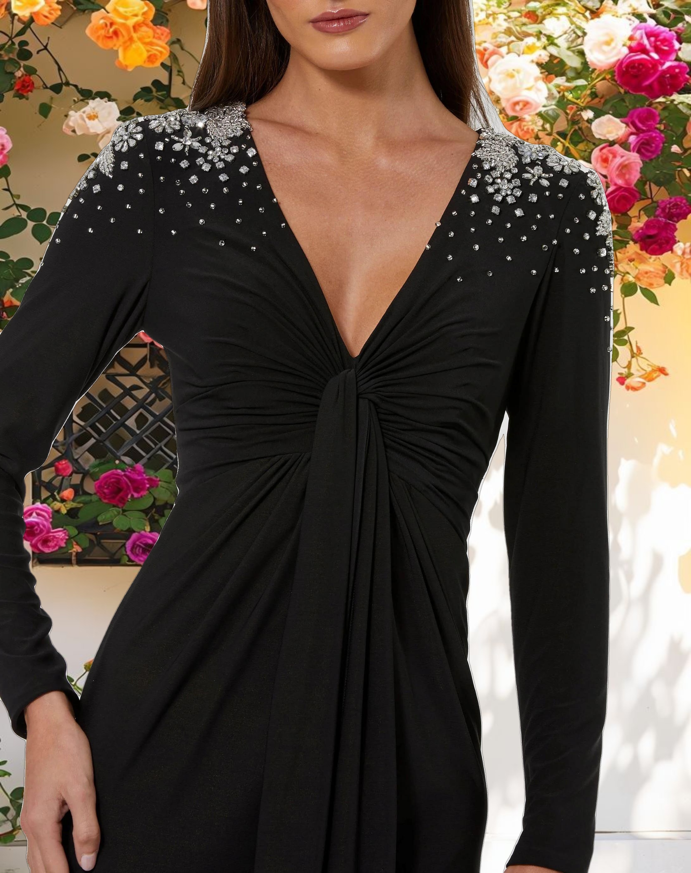 V Neck Faux Knot Gown With Beaded Shoulders