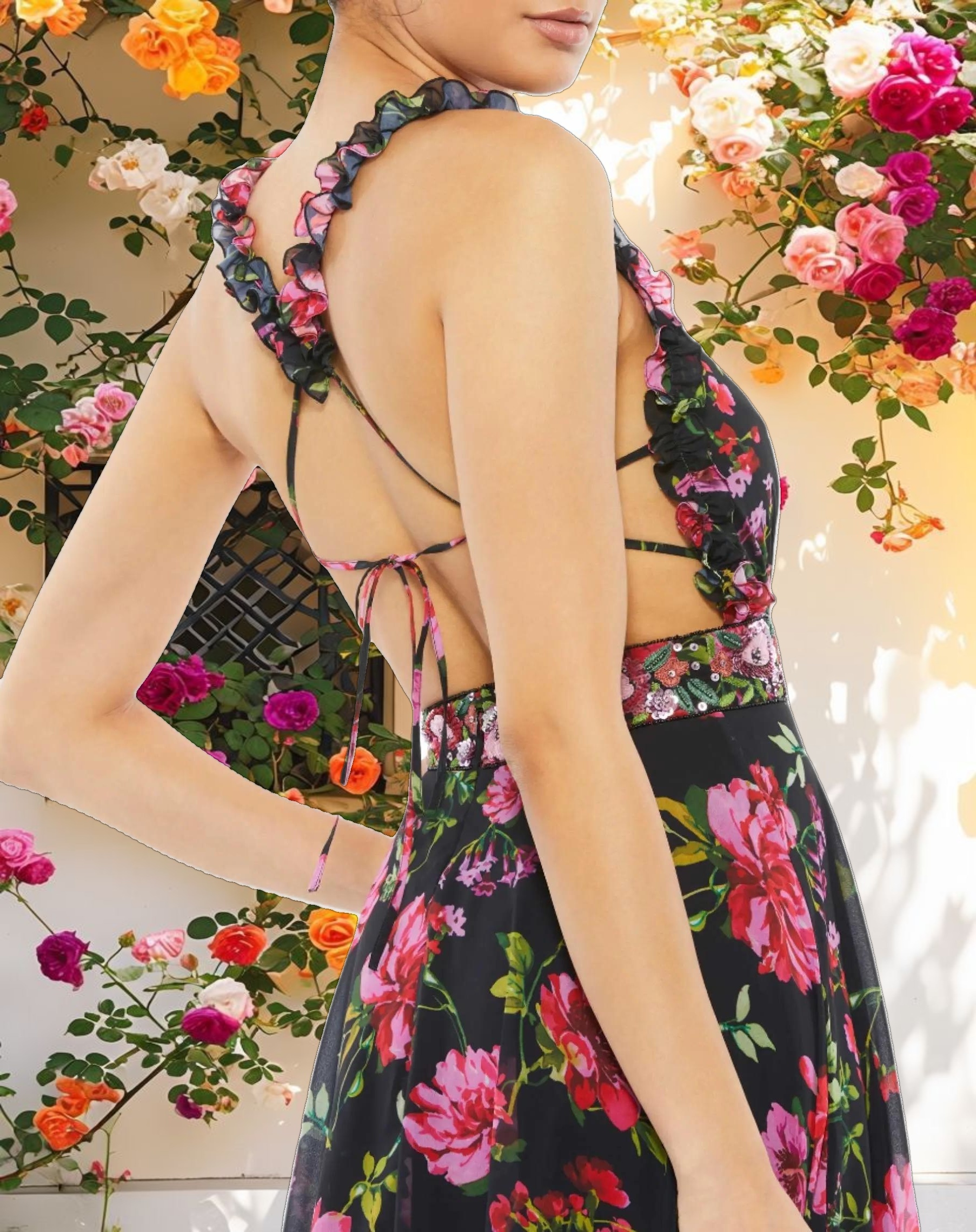 Black Embellished Belt Ruffled Halter Strap Gown