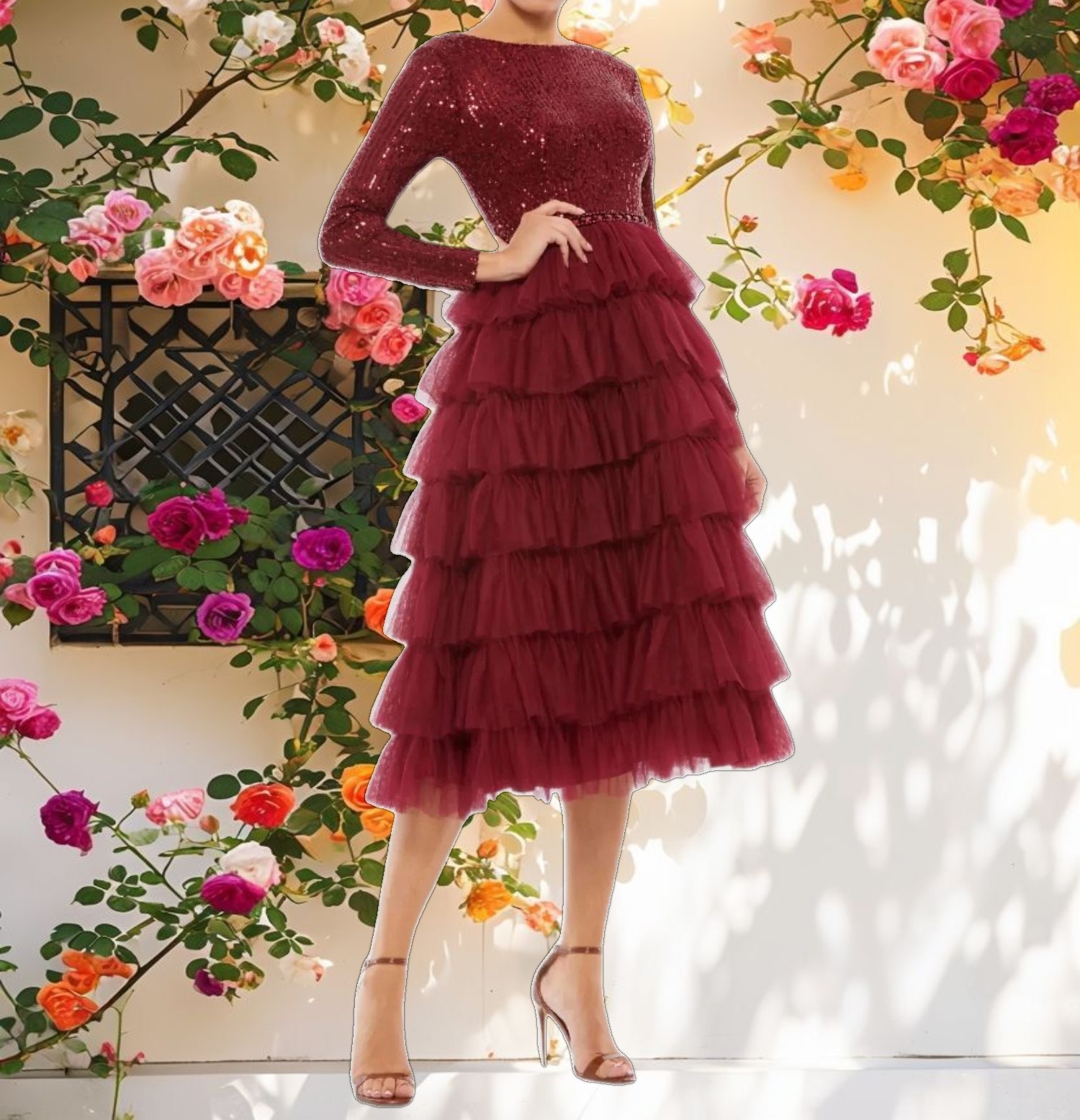 Long Sleeve Ruffle Tiered Midi Dress