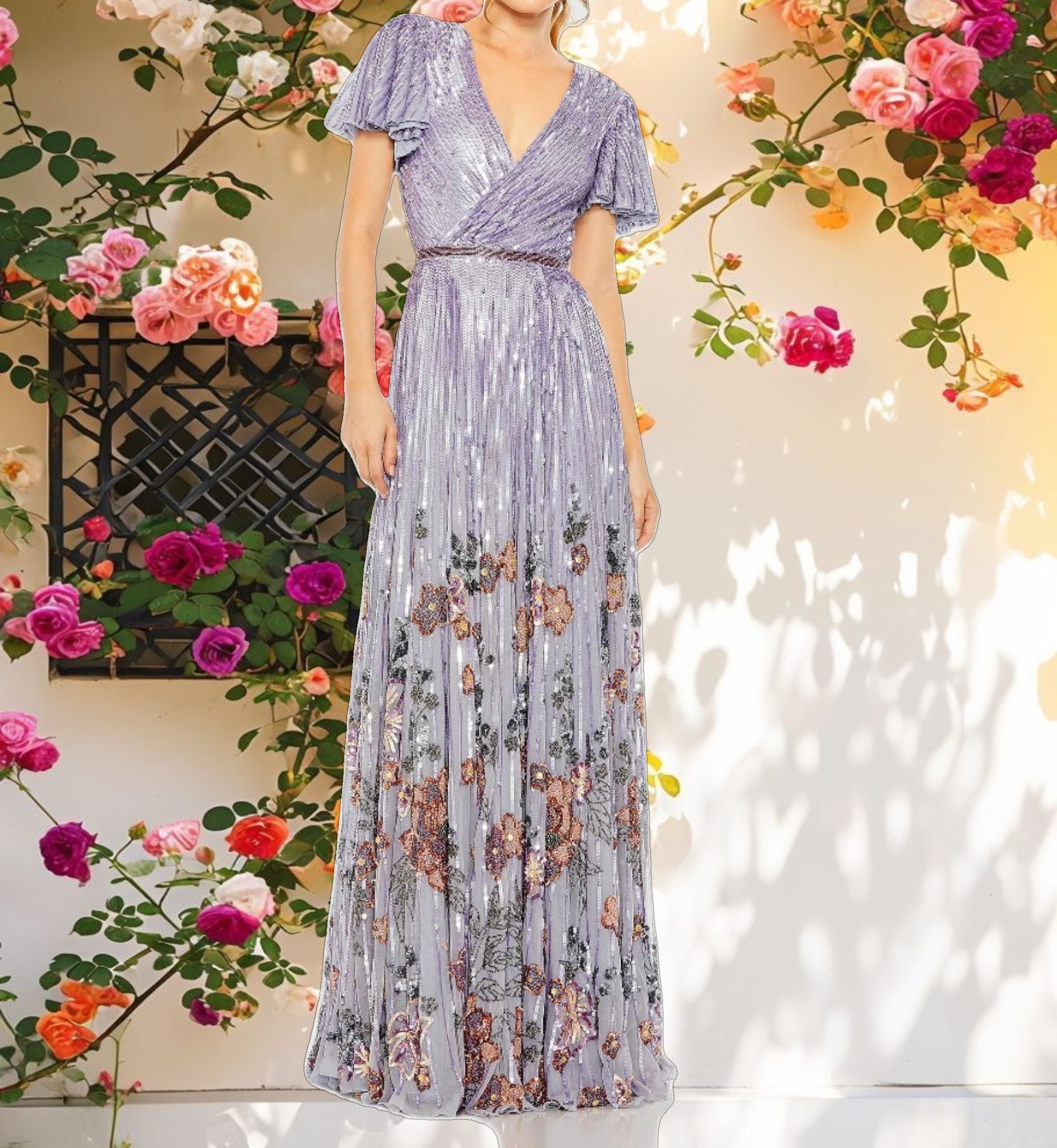 Flounce Sleeve V Neck Gown