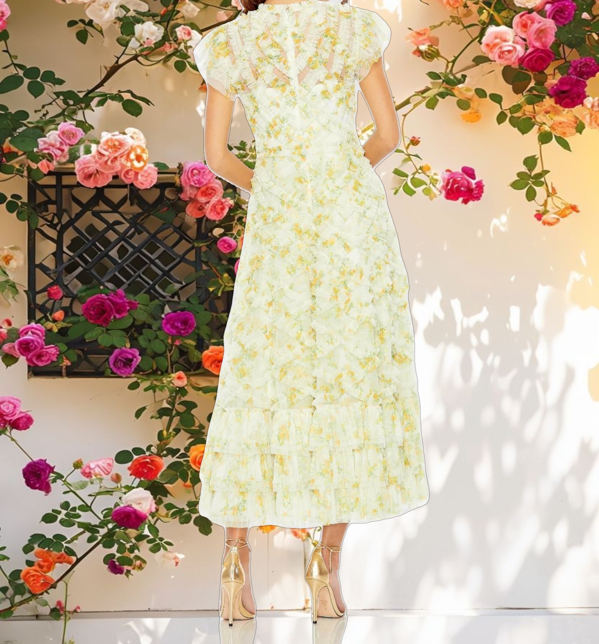 Yellow High Neck Ruffle Cap Sleeve Floral Dress