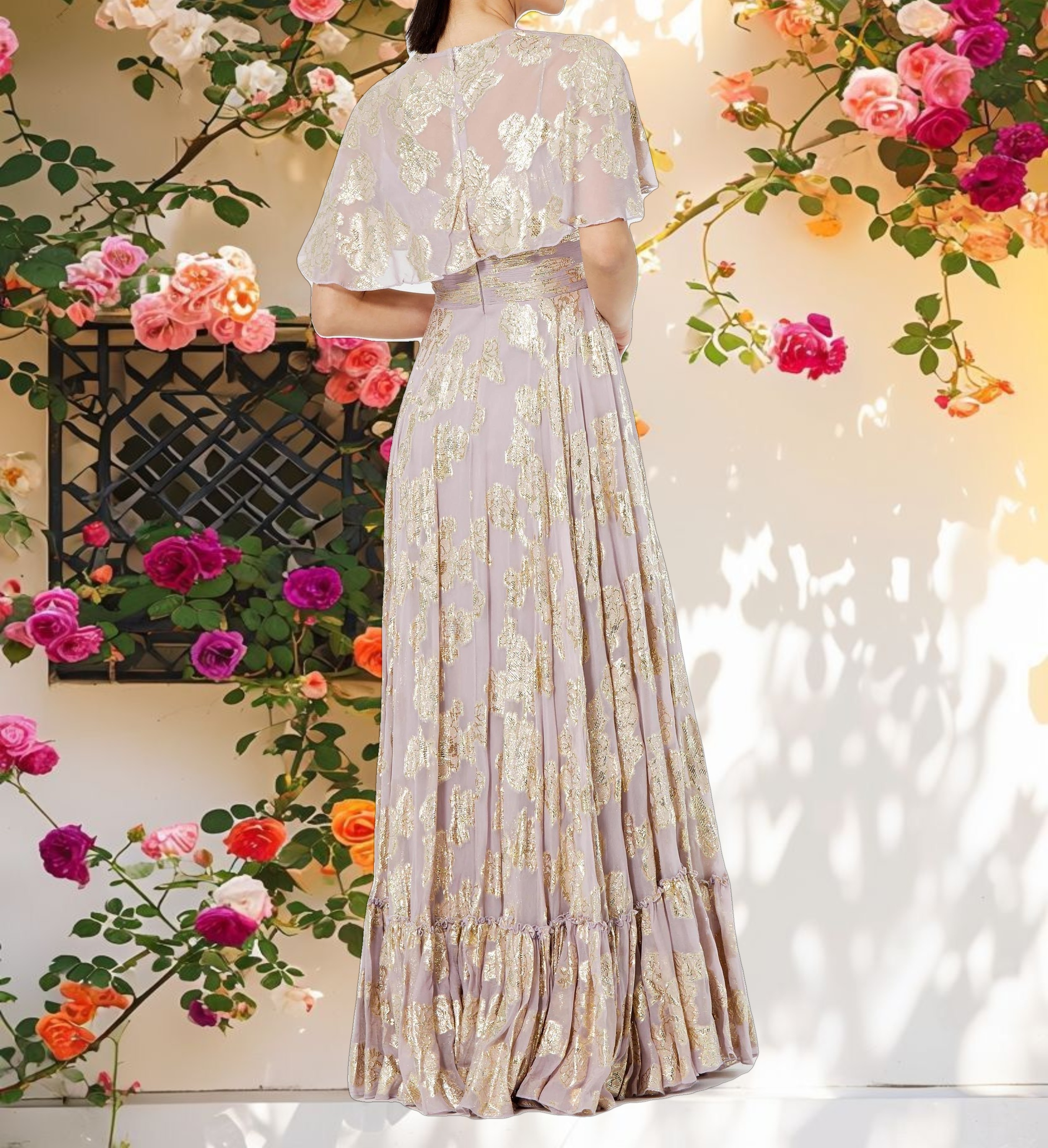 Purple High Neck Cape Sleeve A Line Floral Dress