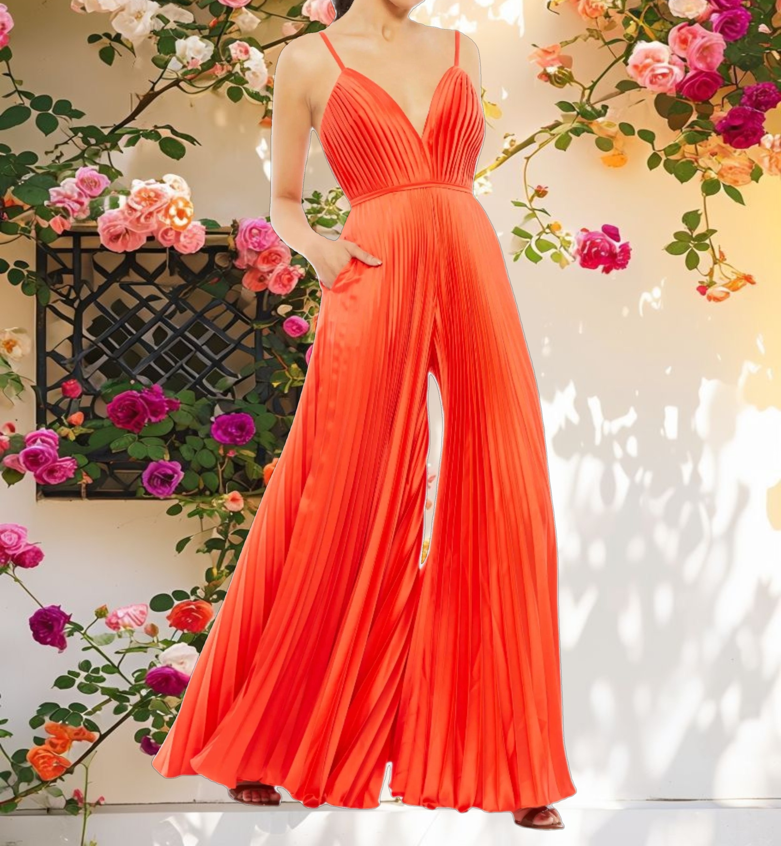 Orange Pleated Plunge Neck Wide Leg Jumpsuit