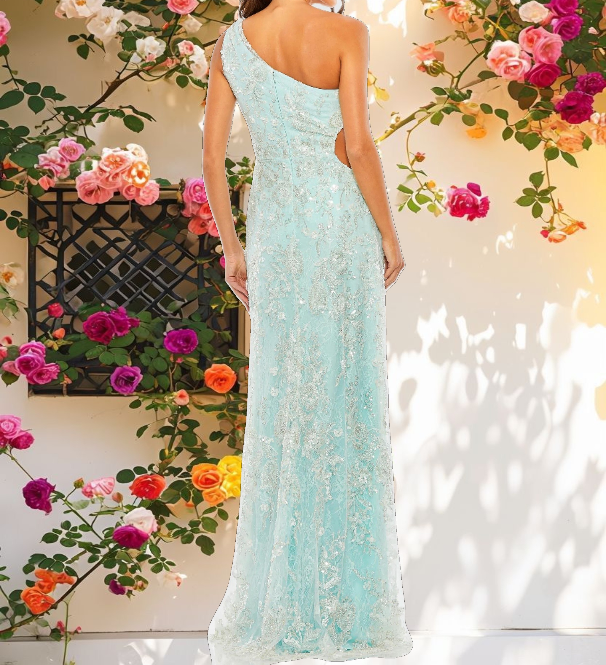 Blue One Shoulder Side Cut Embellished Gown