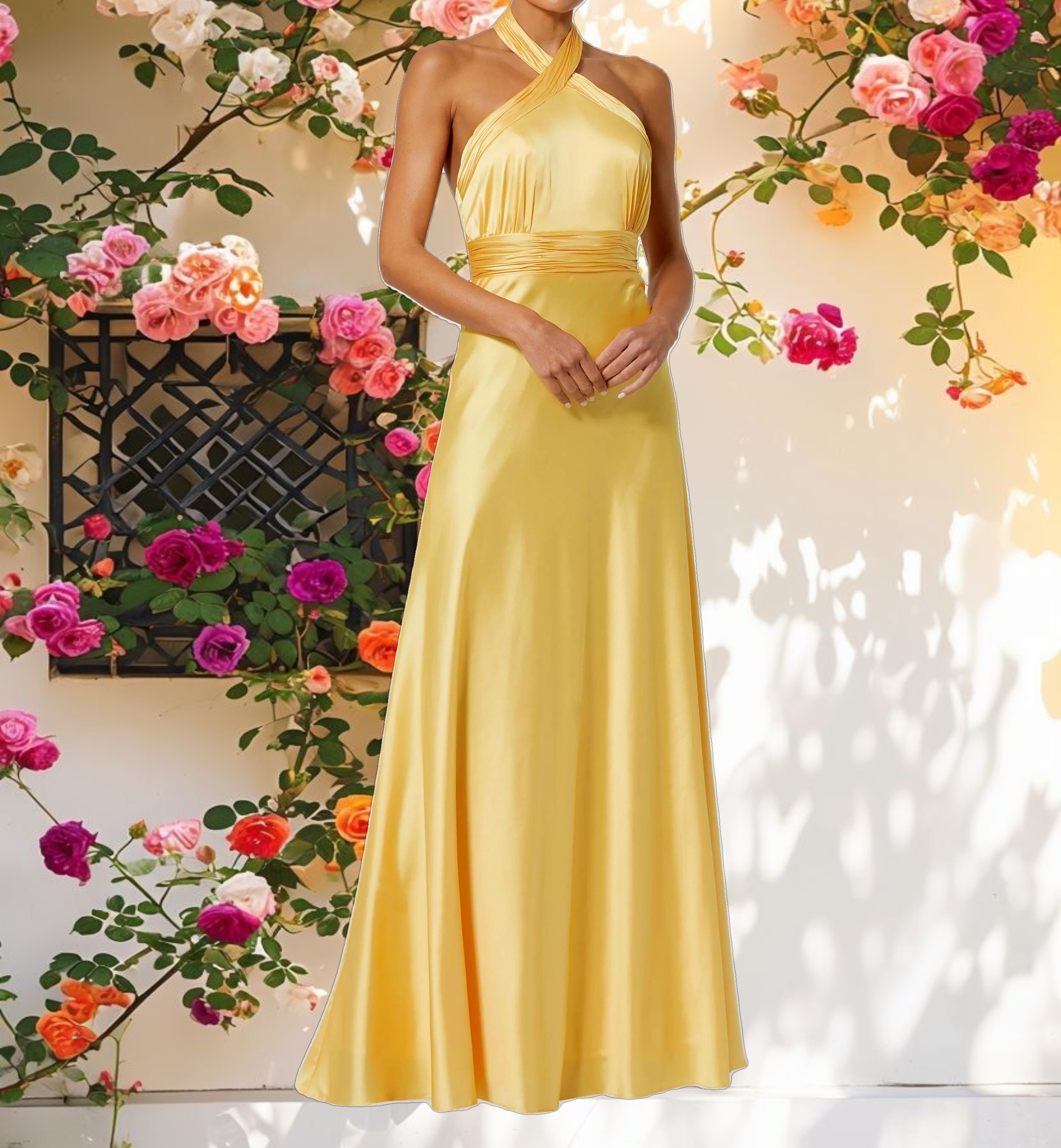 Yellow Ruched Halter Neck Tie Back Satin Gown