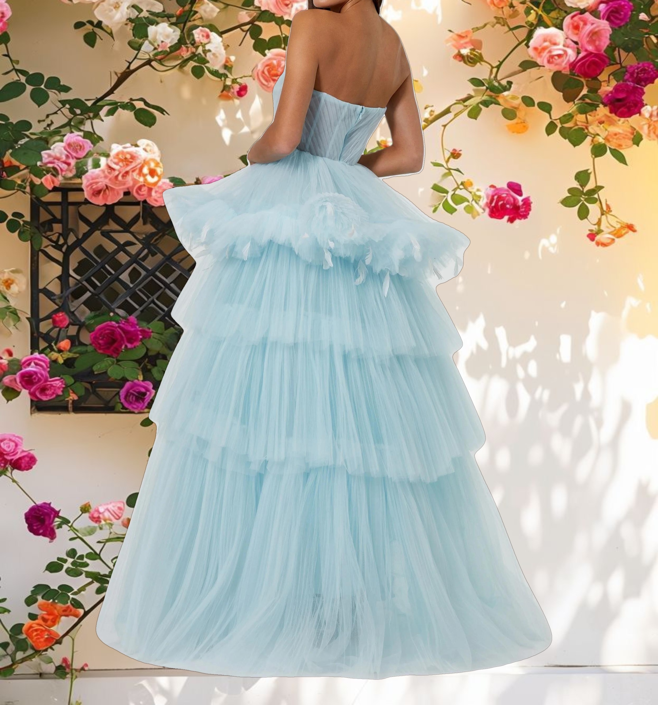Blue Tulle Gown with Feather Detail