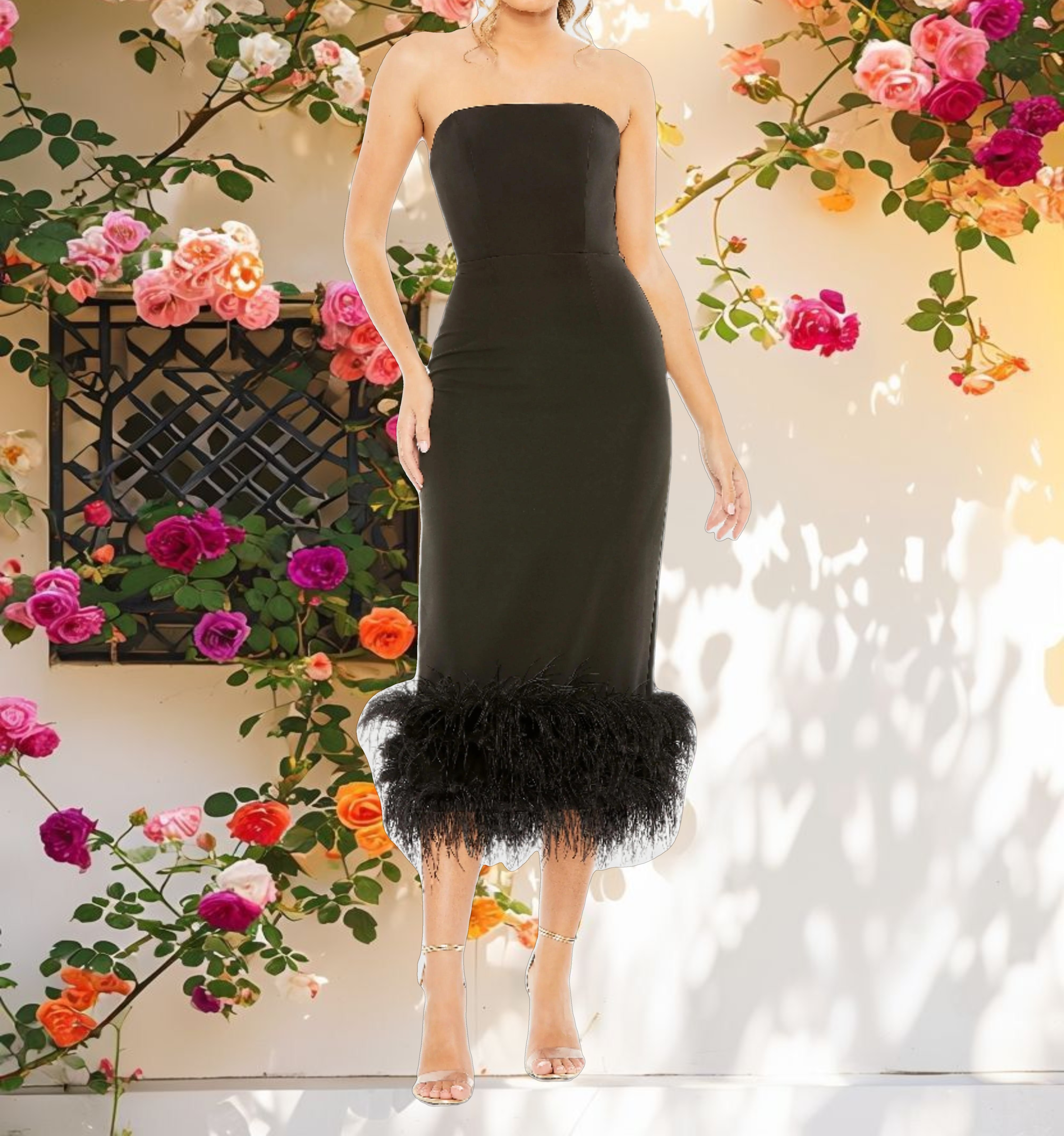 Strapless Column Dress with Feather Trim