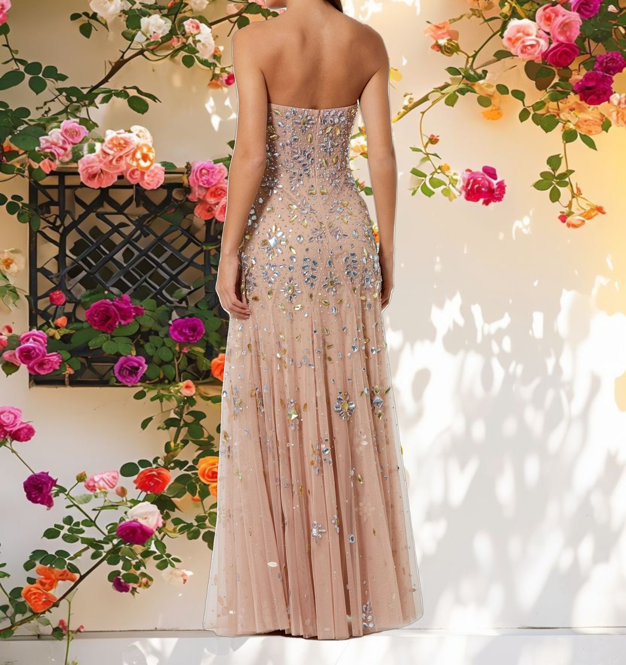 Pink Strapless Sweetheart Embellished Net Gown