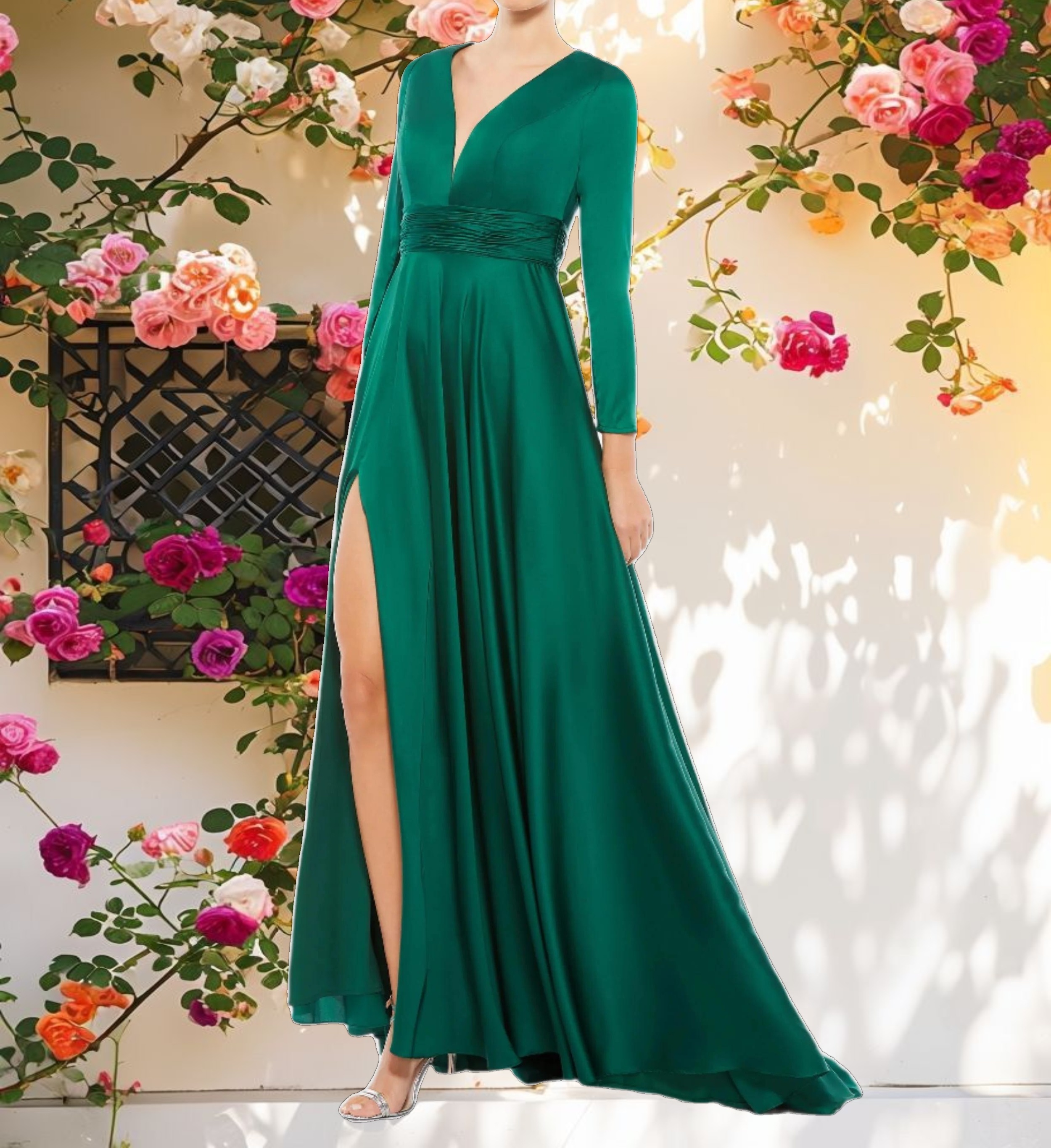 Elegant Long Sleeve Ruched Waist A Line Gown