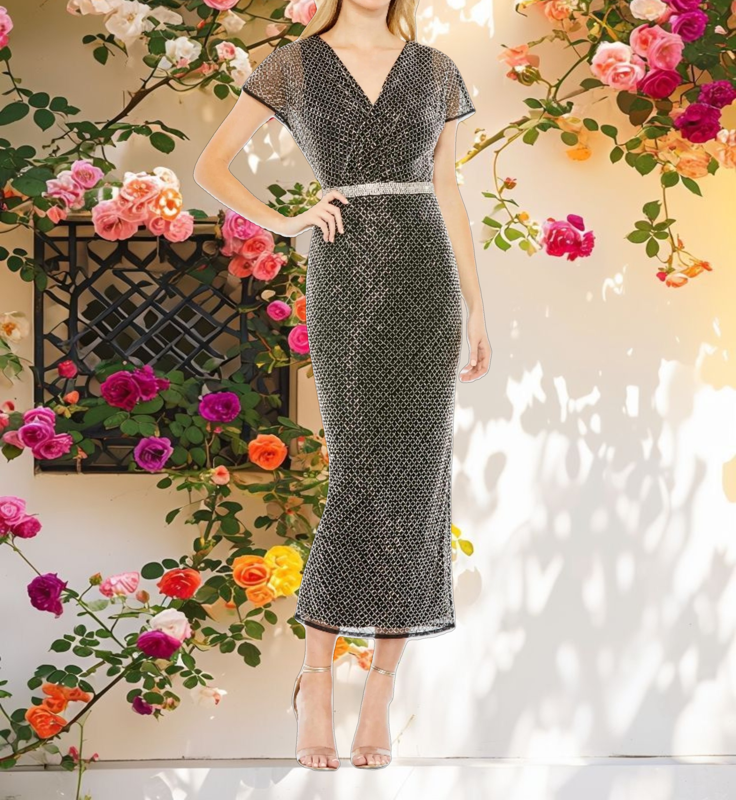 Beaded Wrap V Neck Short Sleeve Dress