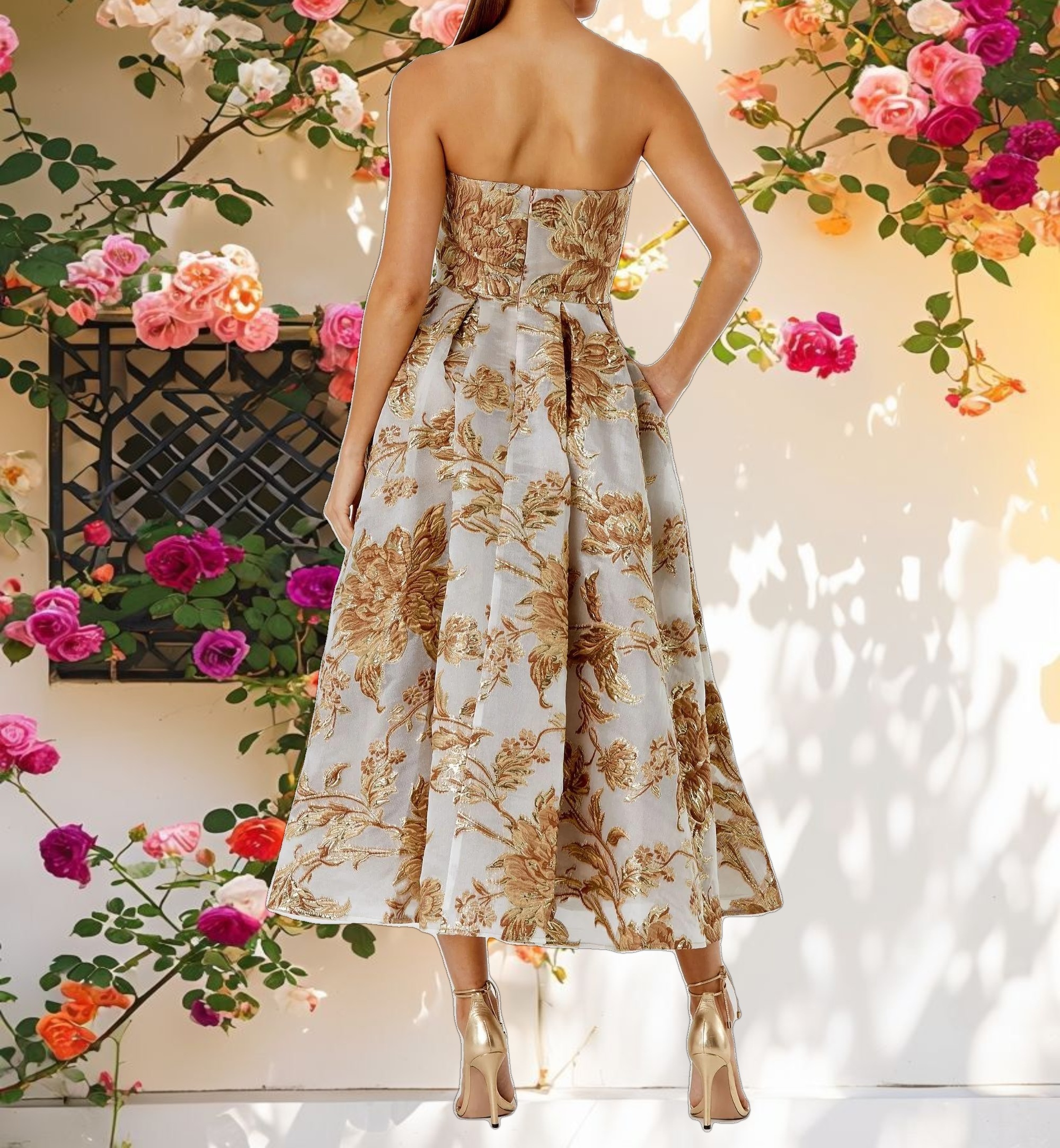 Gold Strapless Brocade Midi Dress with Pockets