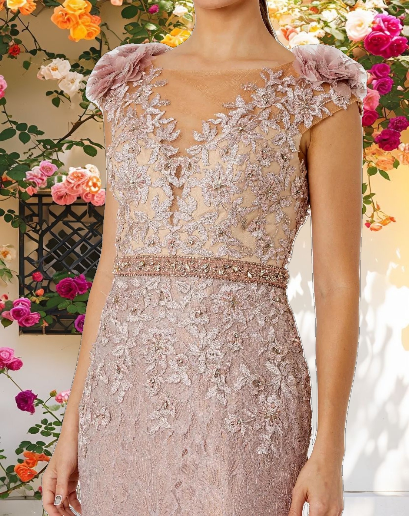 Pink Embroidered Illusion Appliqued Bodice Trumpet Gown