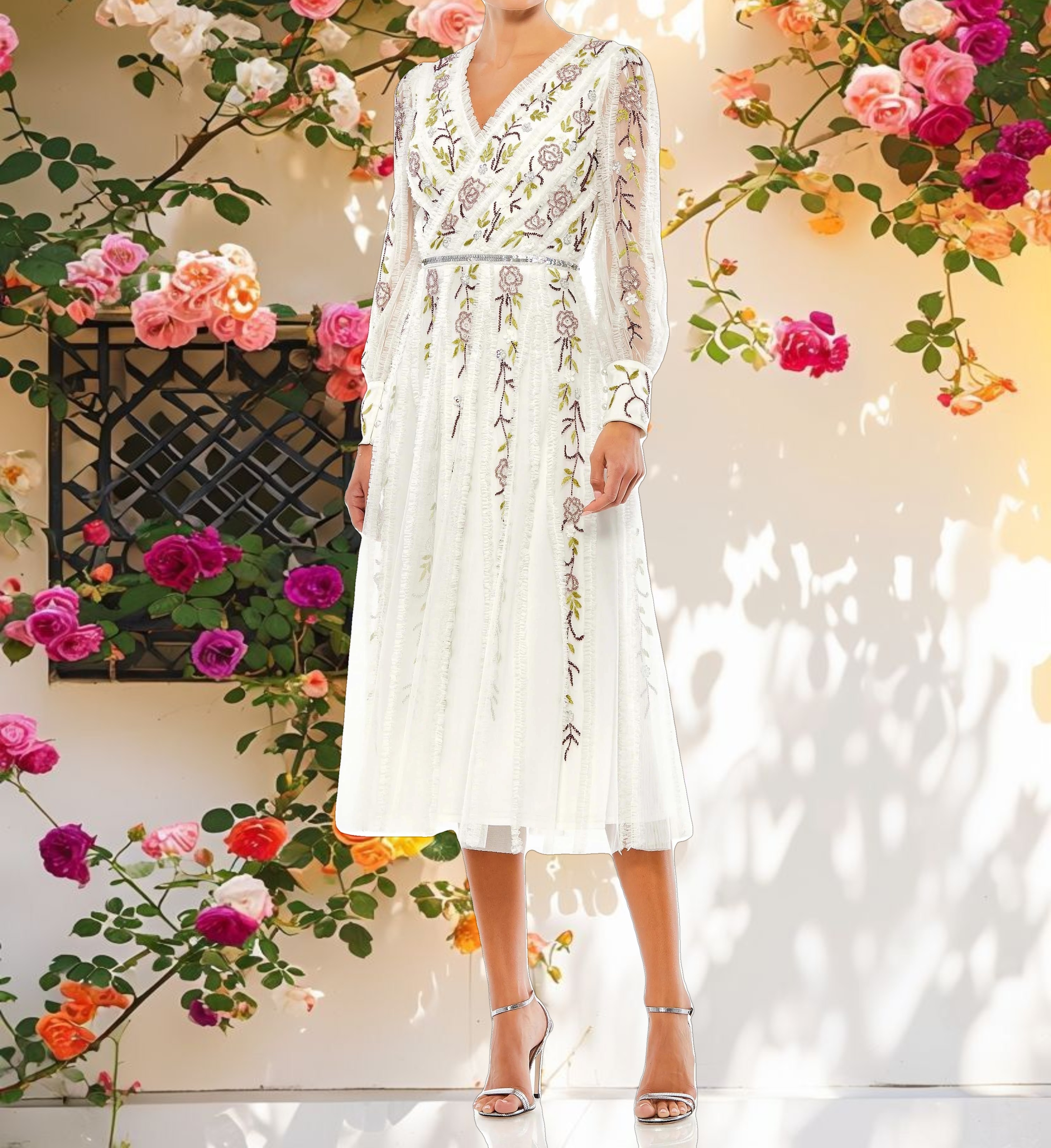 Long Sleeve Embroidered Wrap Midi Dress