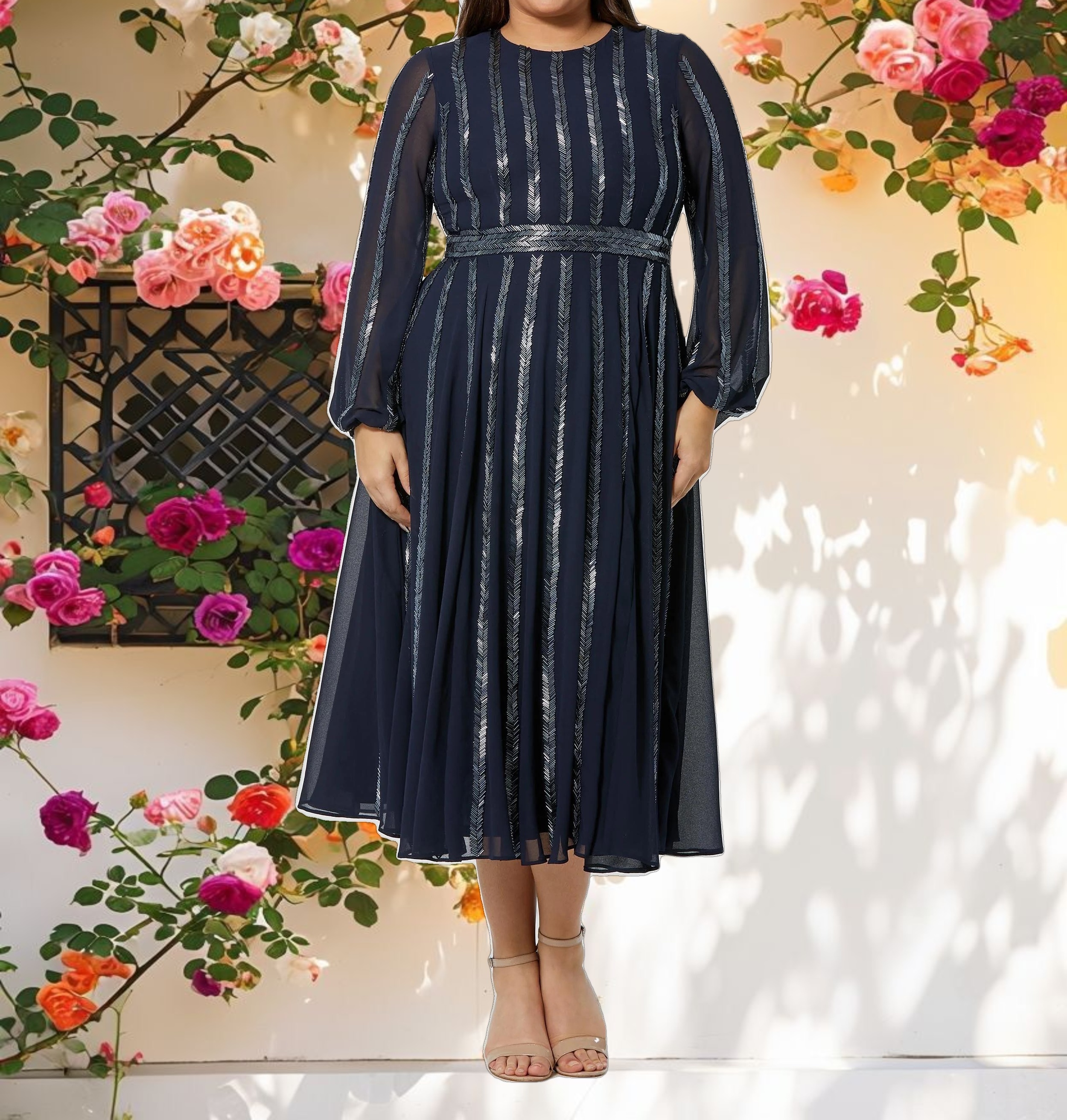 Blue Long Delicate Sleeve Sparkle Dress