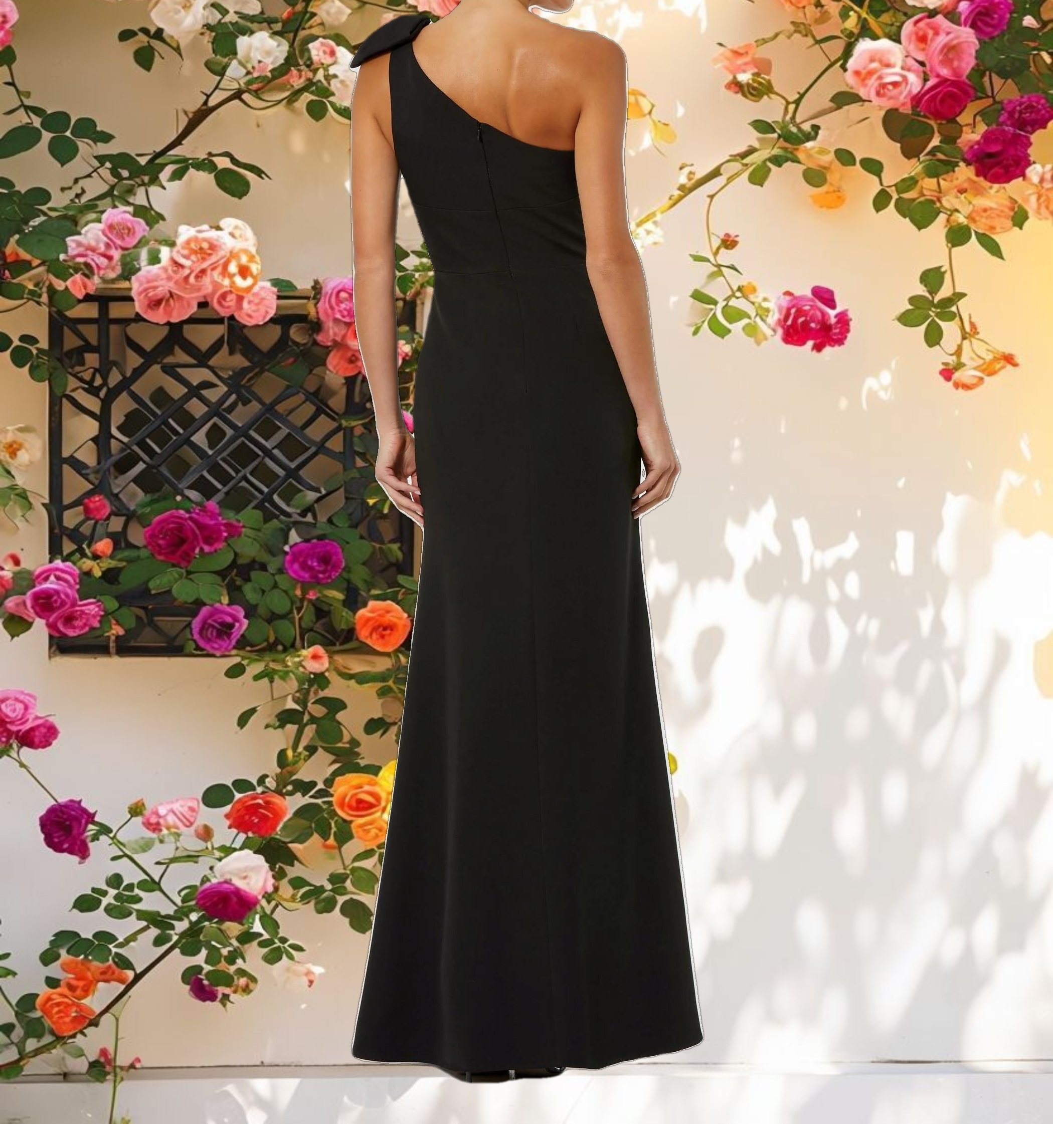 Black Crepe One Shoulder Fitted Gown With Bow