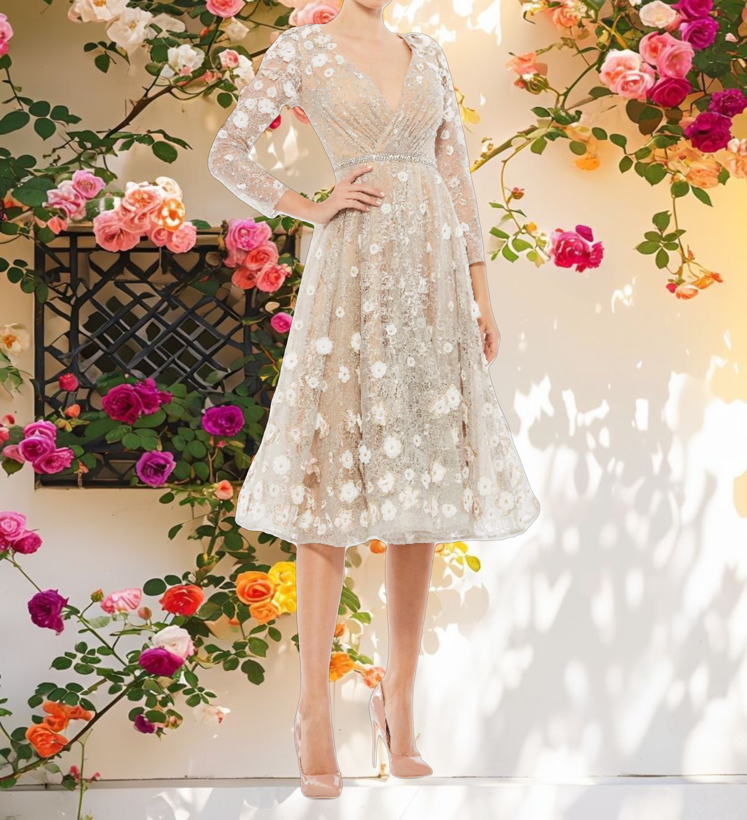 Beige Floral Embellished Lace A Line Cocktail Dress