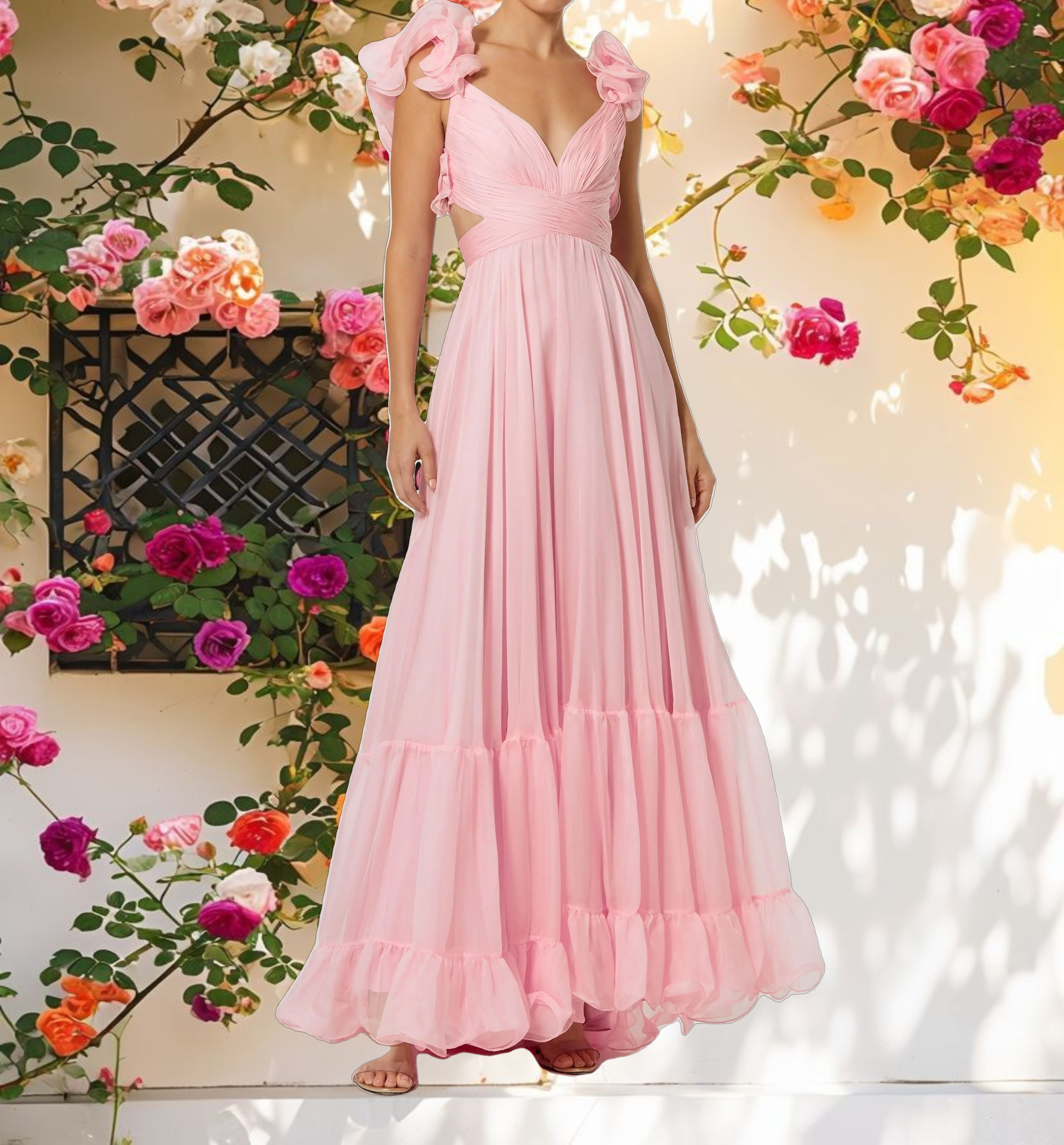 Ruffle Tiered Cut Out Chiffon Gown