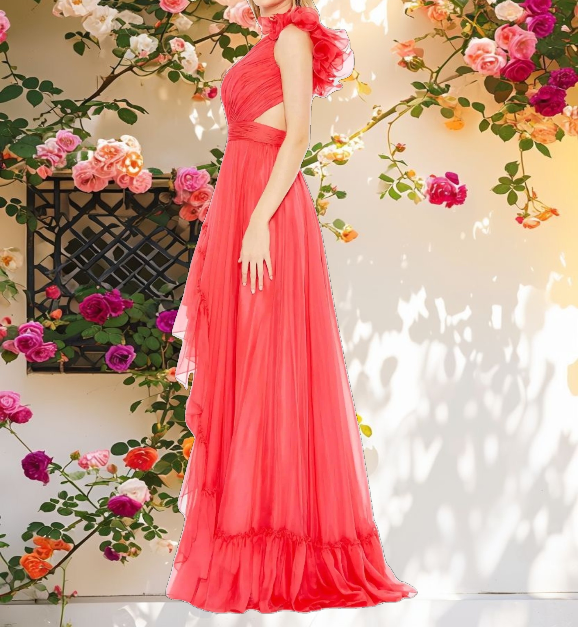Ruffled Asymmetrical One Shoulder Gown