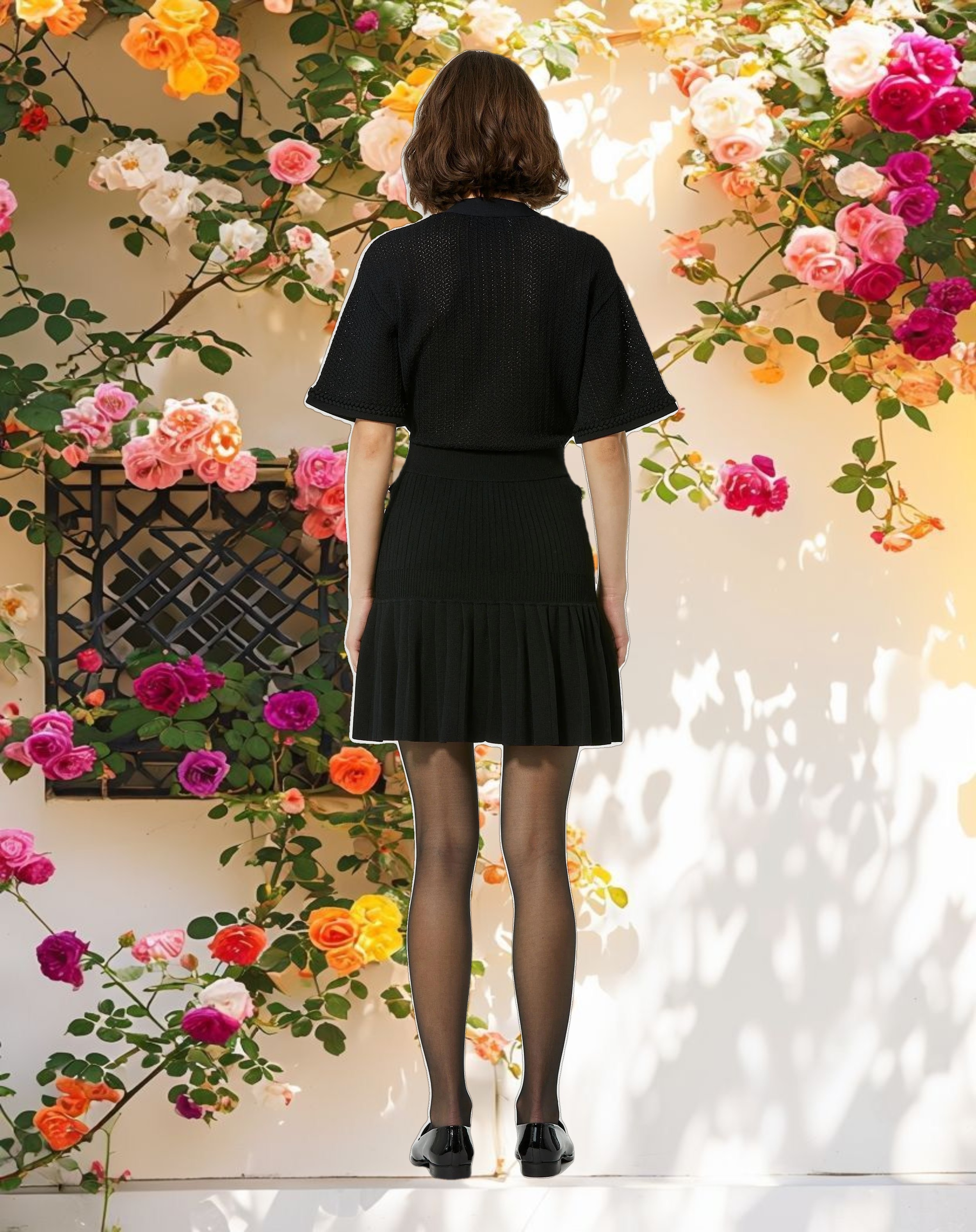 Short Sleeve Button Front Knit Dress with Pleated Hem