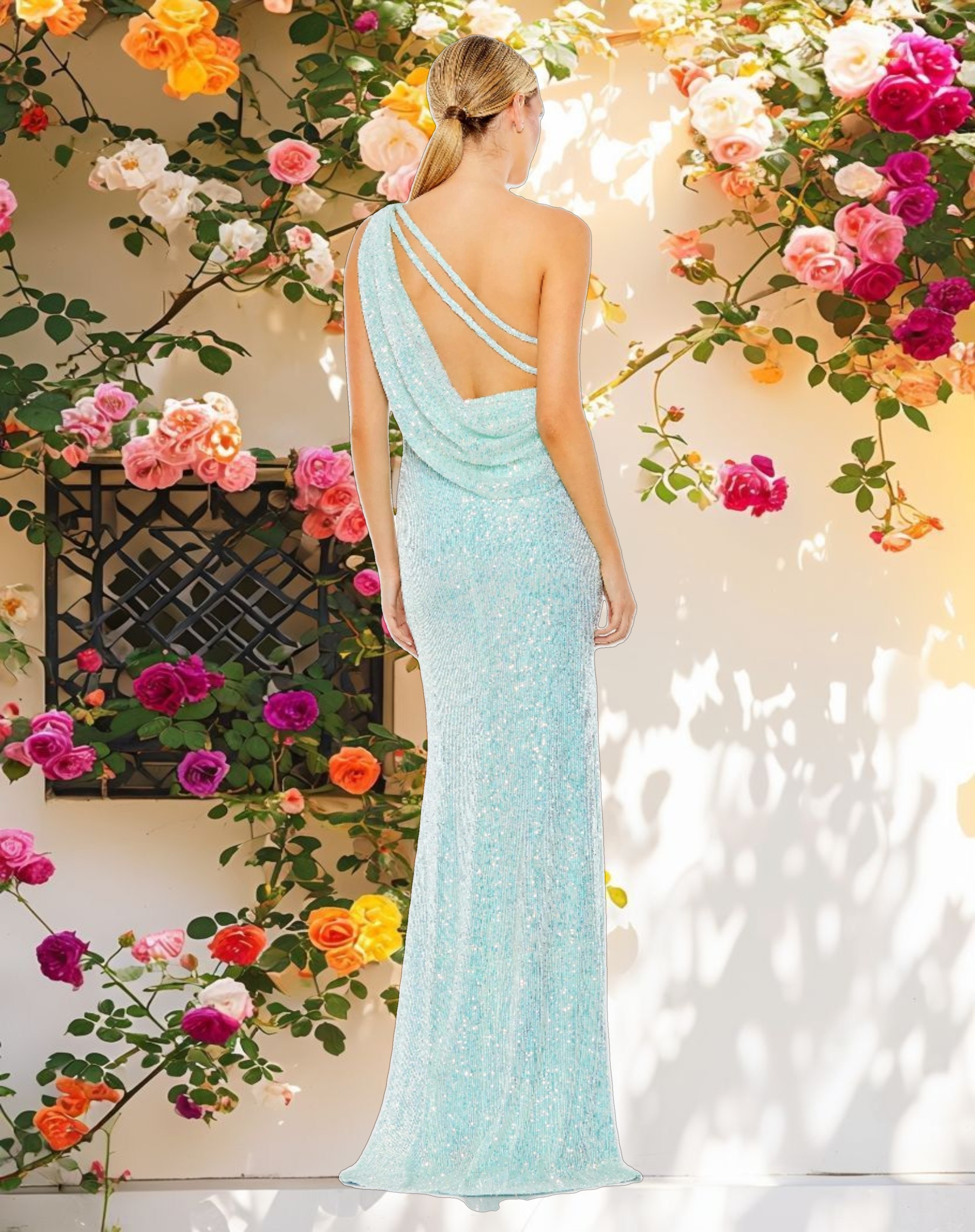 Blue Sequined One Shoulder Draped Back Gown