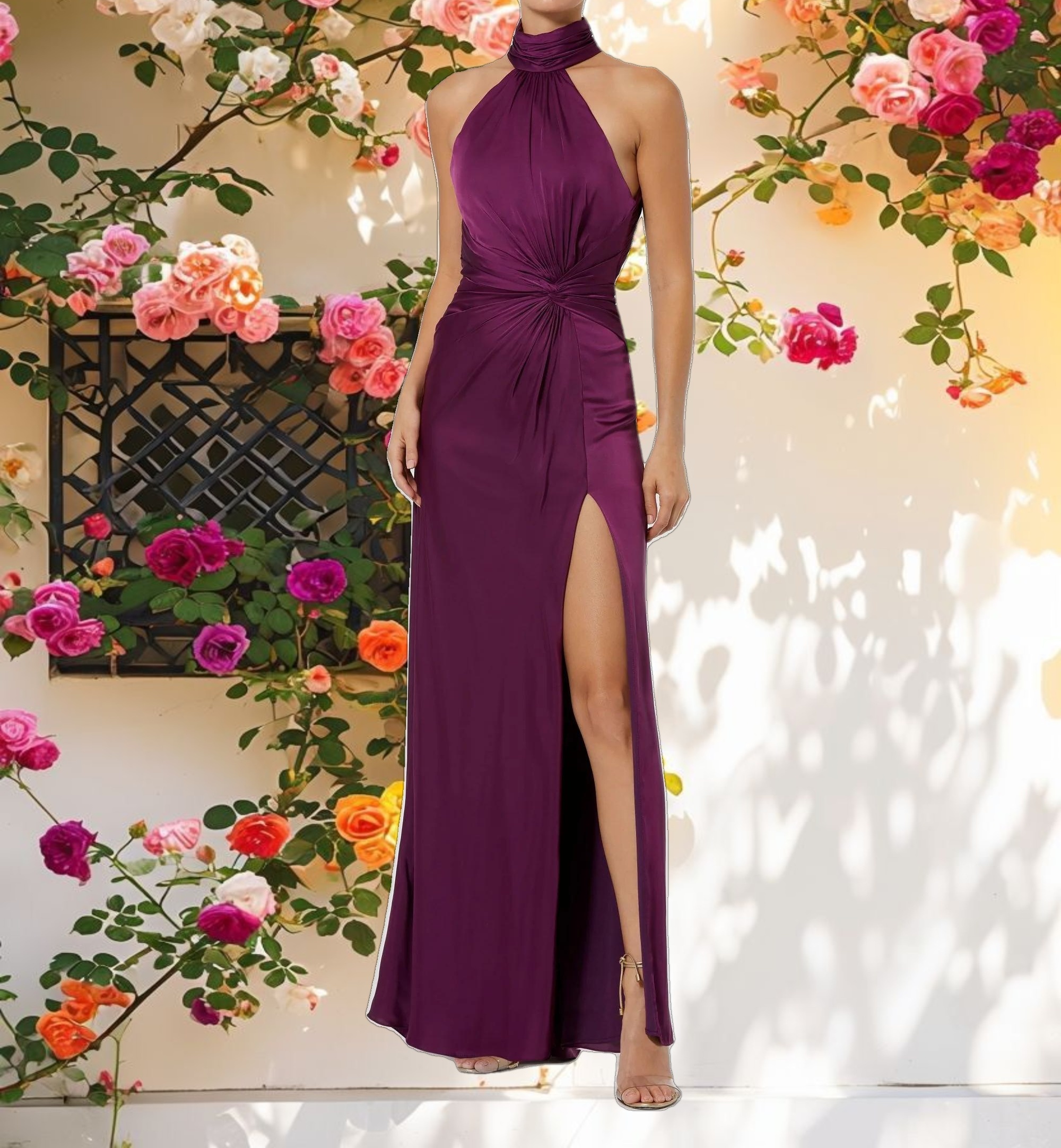 Open Back High Neck Side Ruched Gown