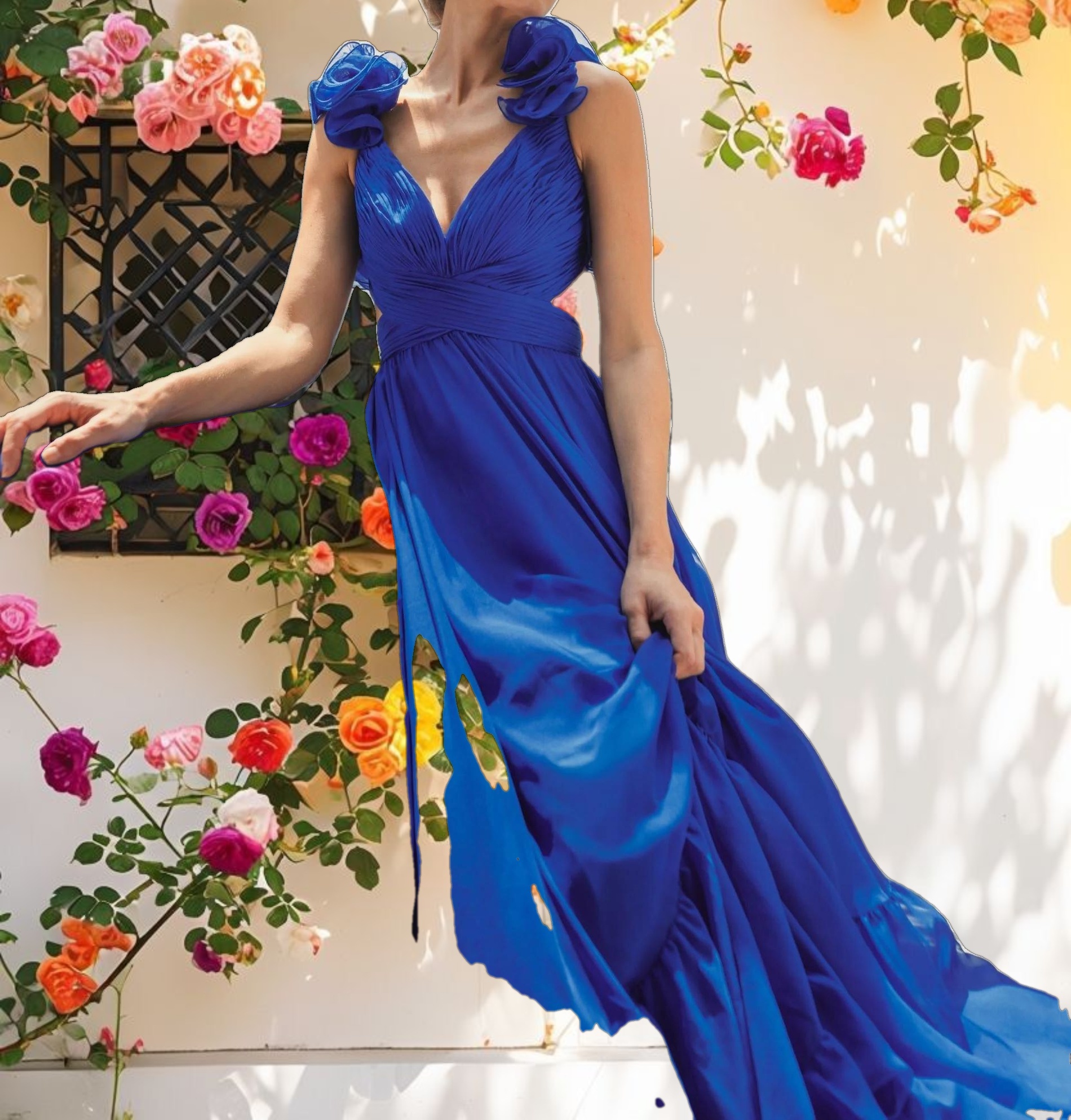 Blue Ruffle Tiered Cut Out Chiffon Gown