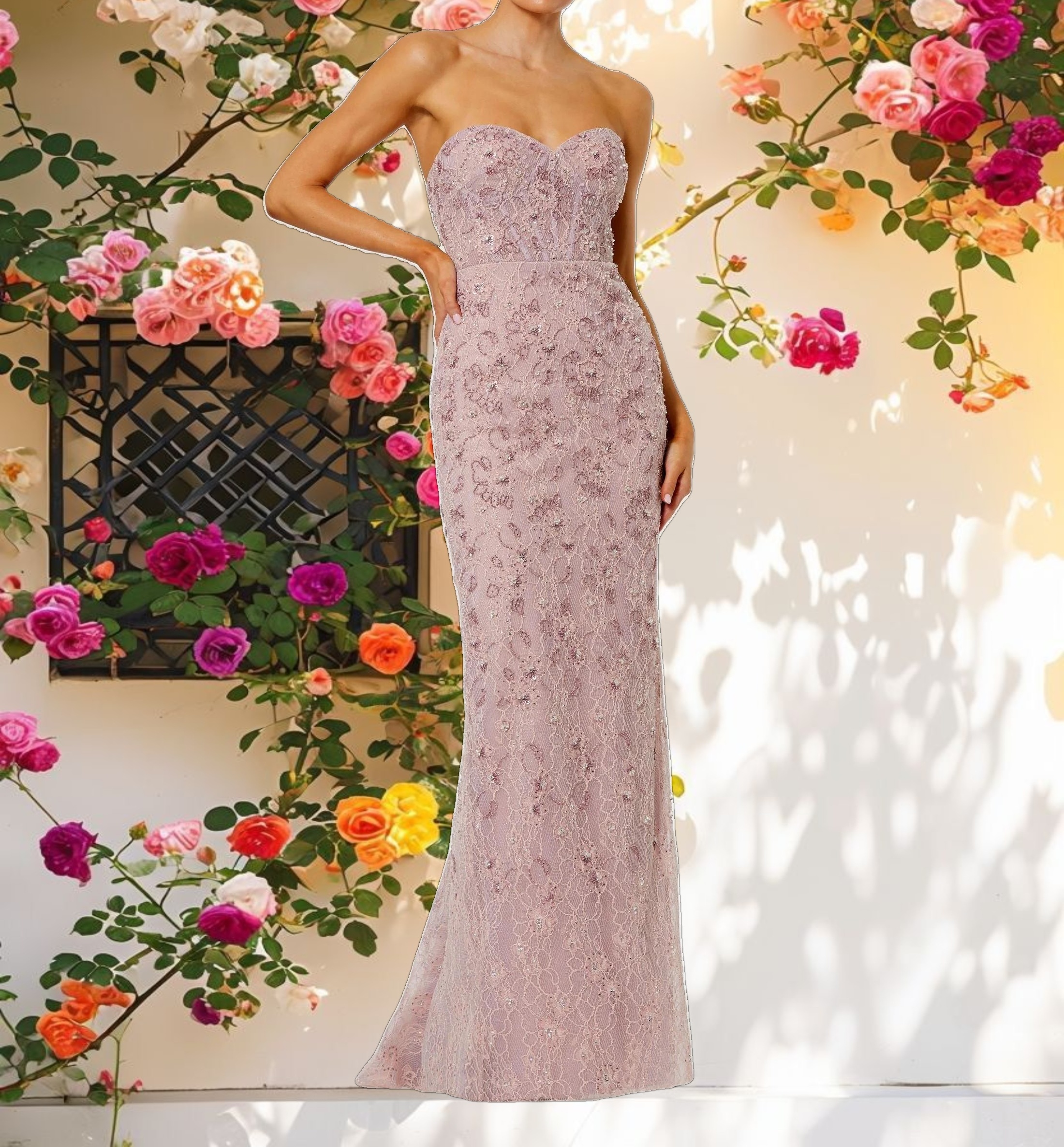 Pink Embellished Strapless Bustier Gown With Sweeping Train