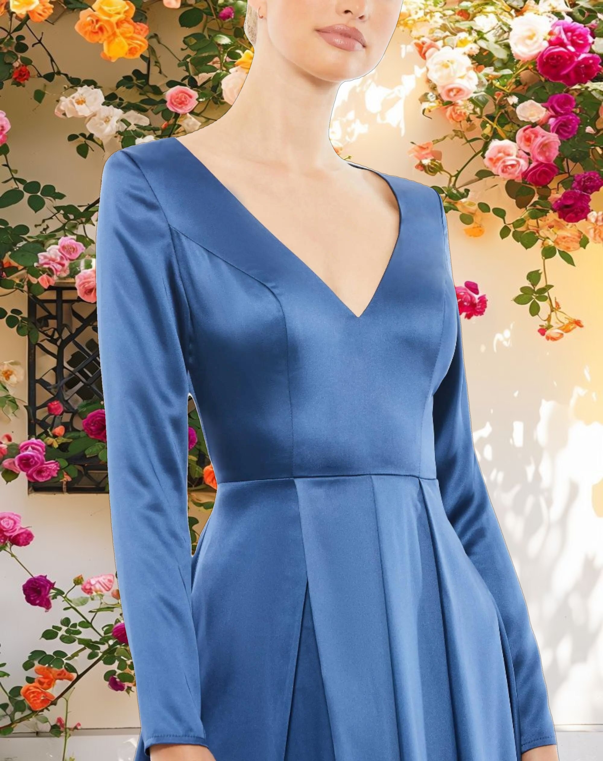 Blue Satin V Neck Long Sleeve Pleated Gown