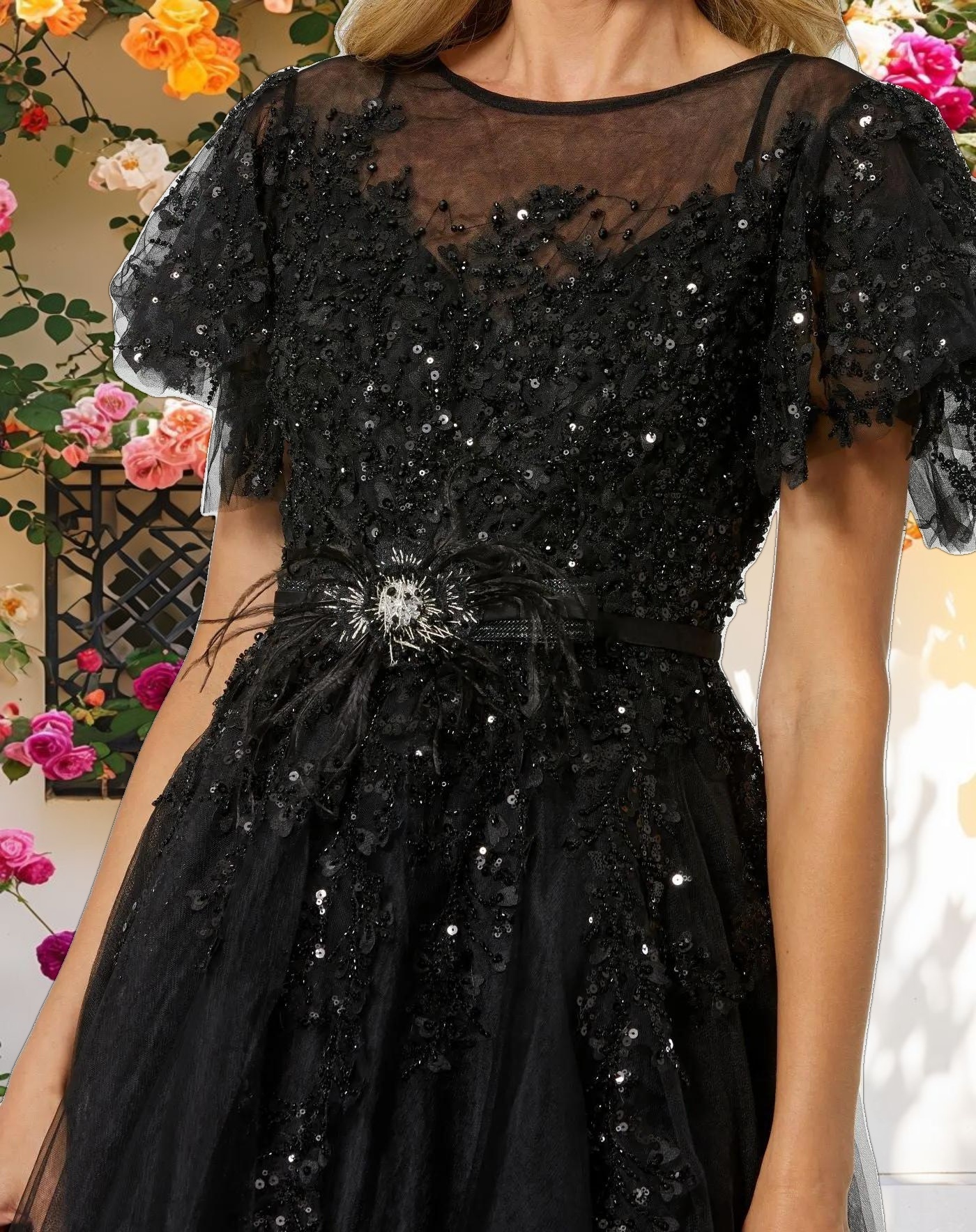 Black Embellished Flutter Sleeve Bow Waist A Line Dress