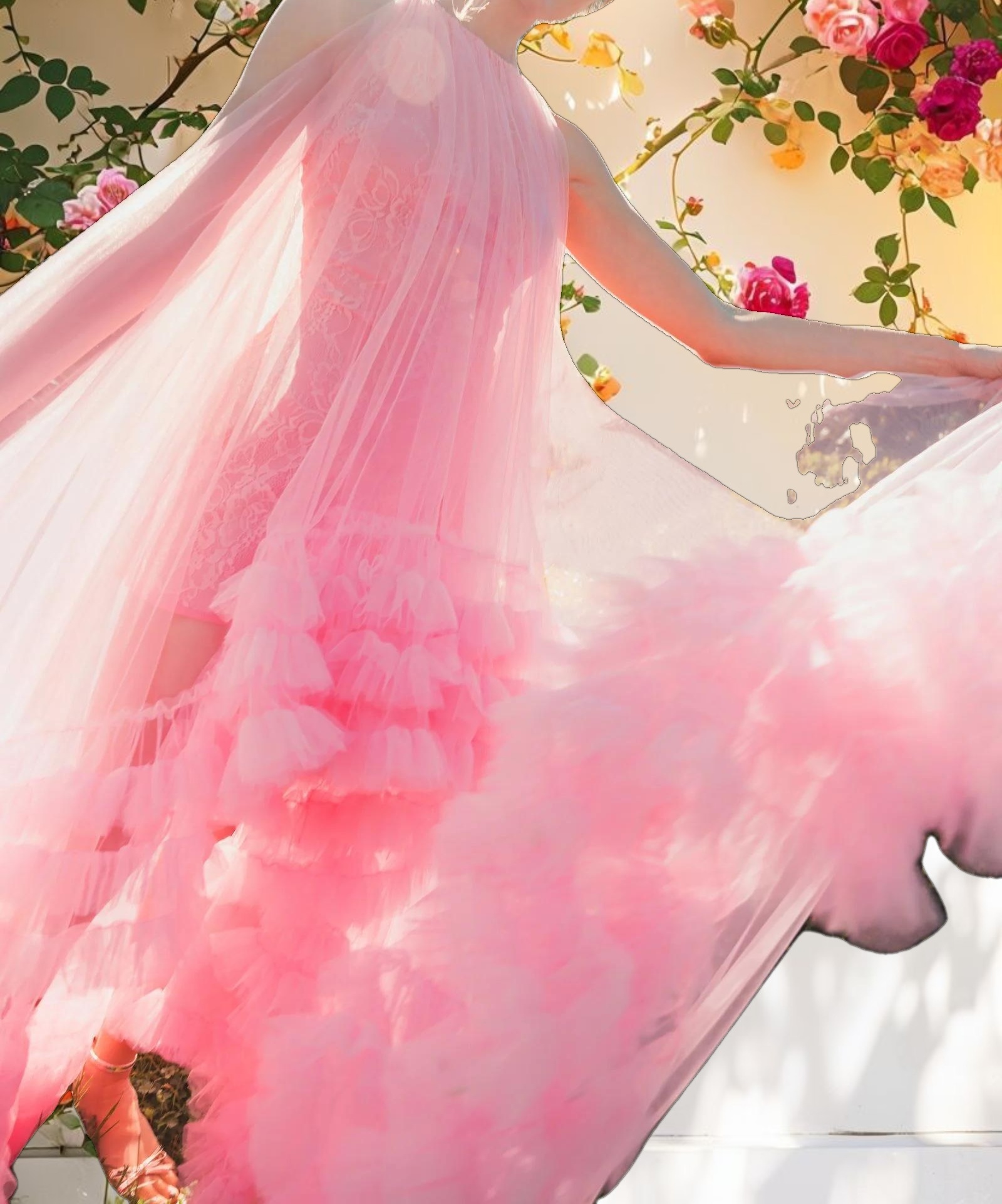 Pink Tulle High Neck Sleeveless Ruffled Hem Hi Low Gown