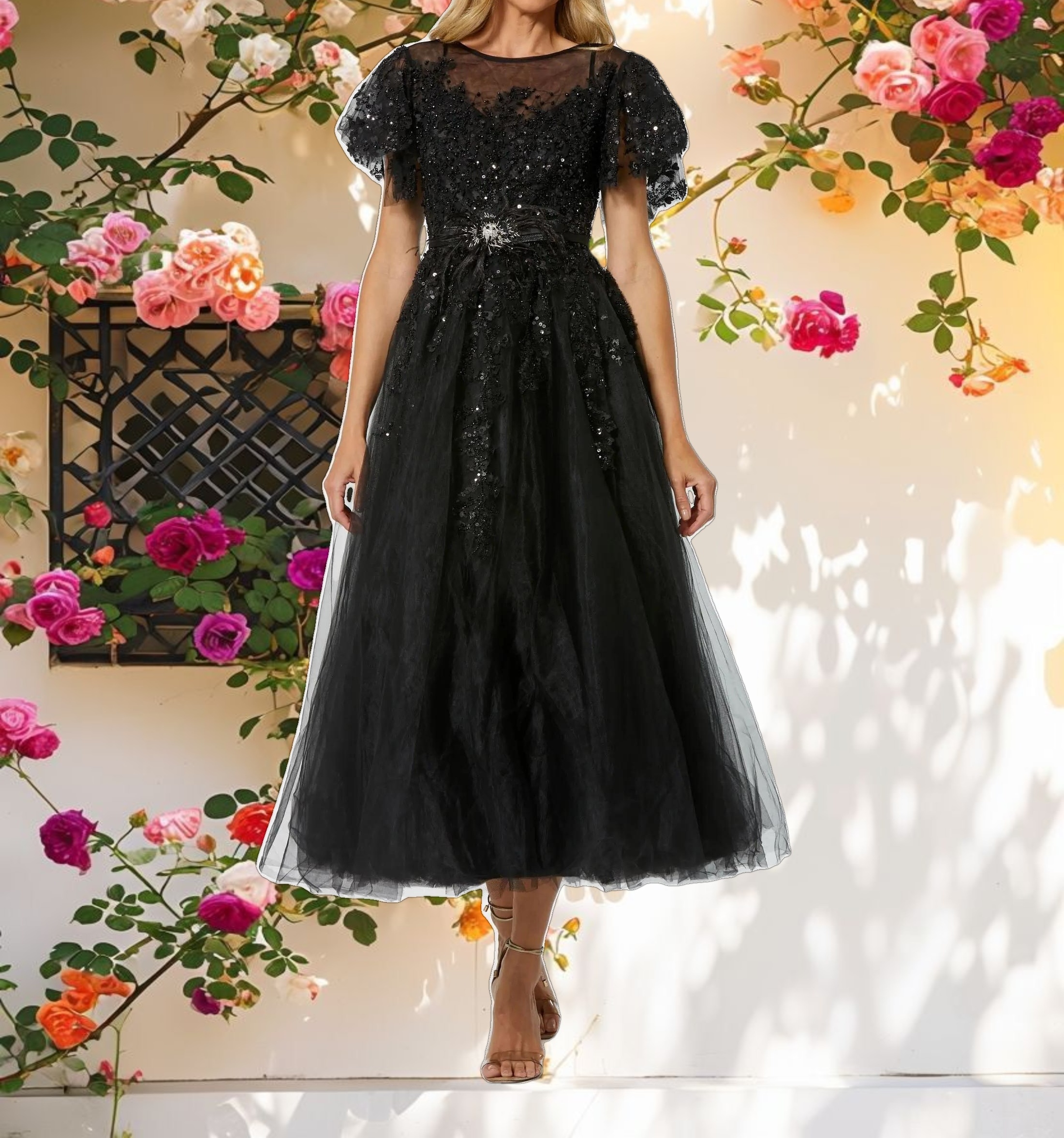 Embellished Flutter Sleeve Bow Waist A Line Dress