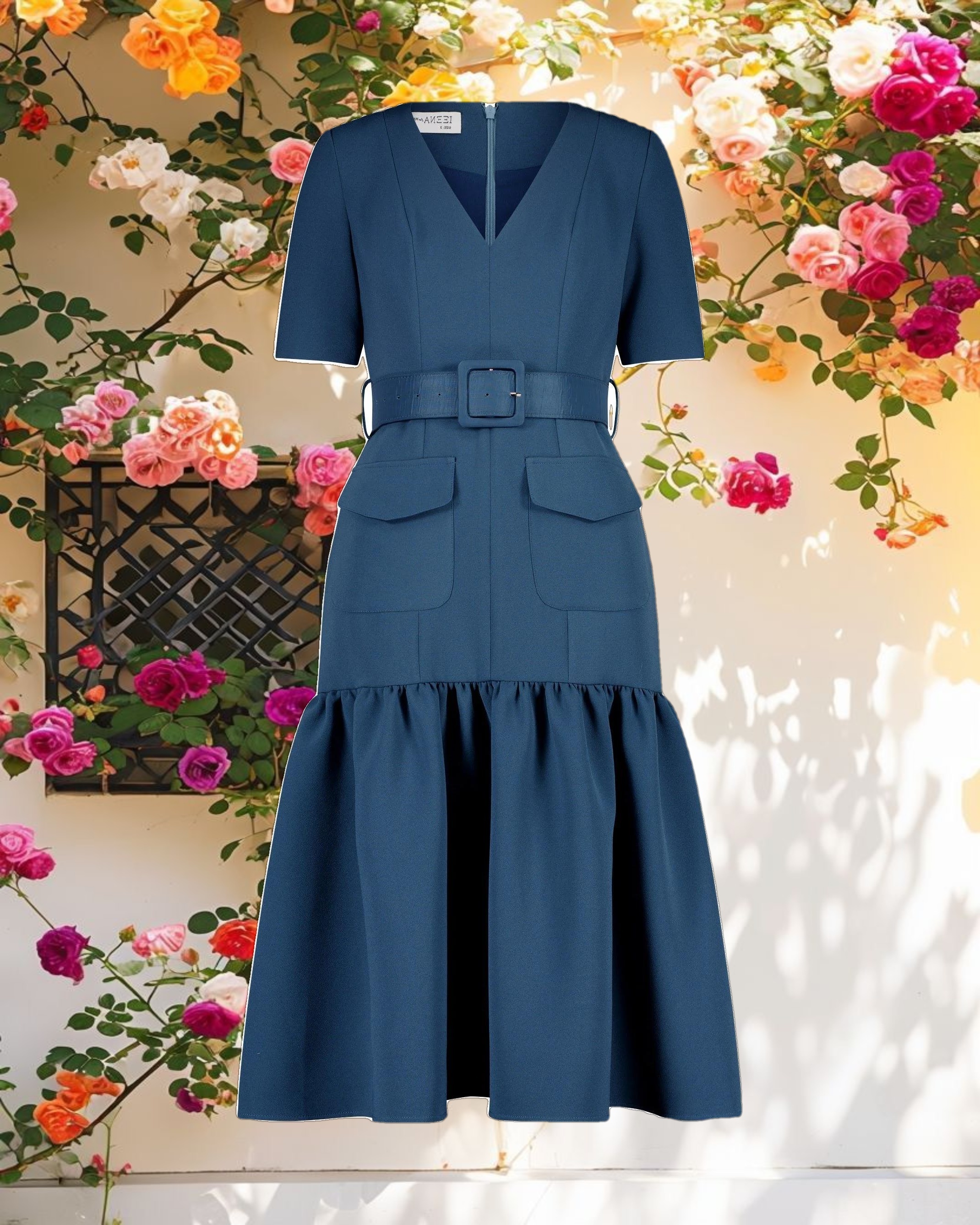 Blue Crepe Midi Dress With Belt And Pockets