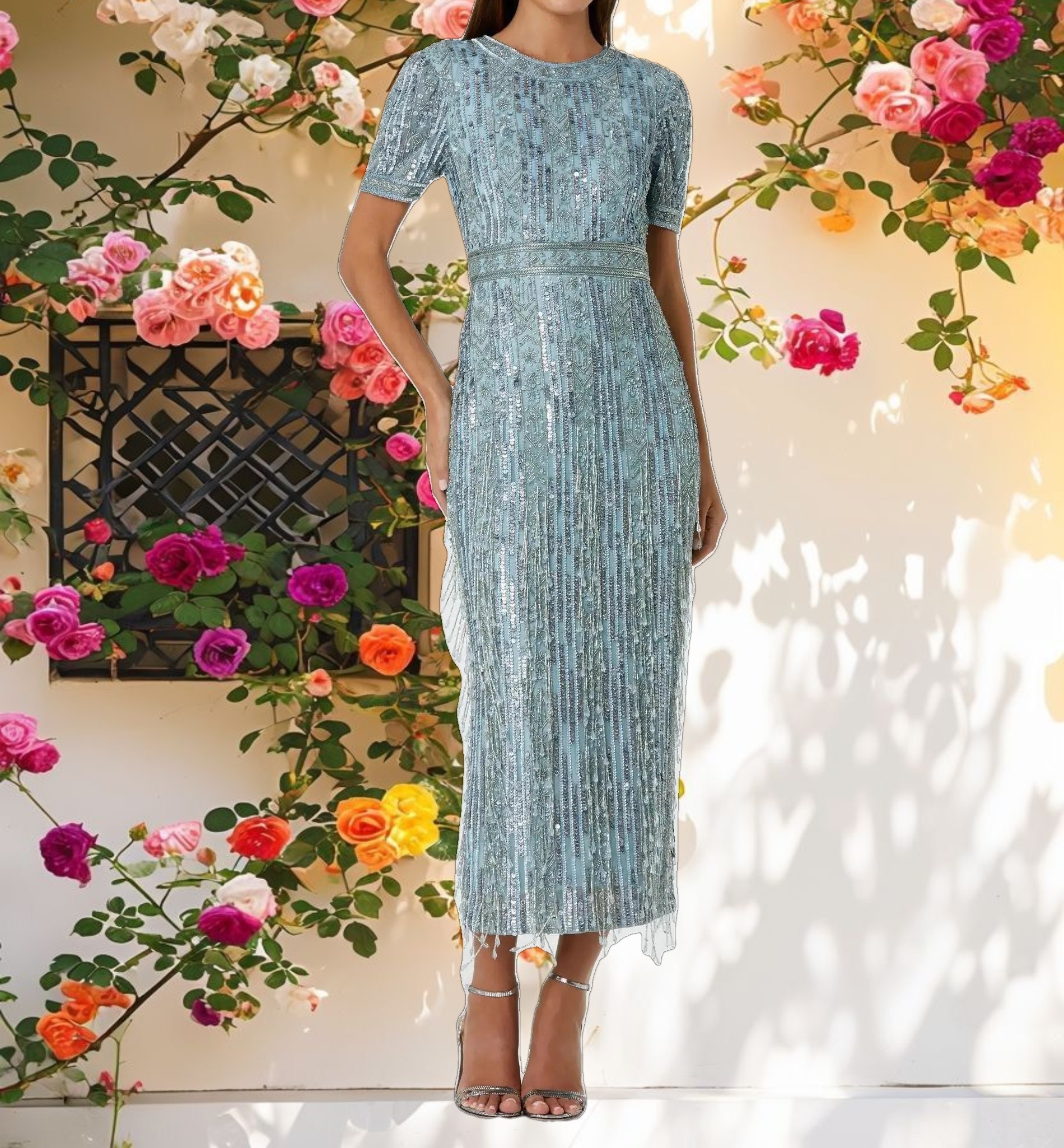 High Neck Short Sleeve Crystal Fringe Column Dress