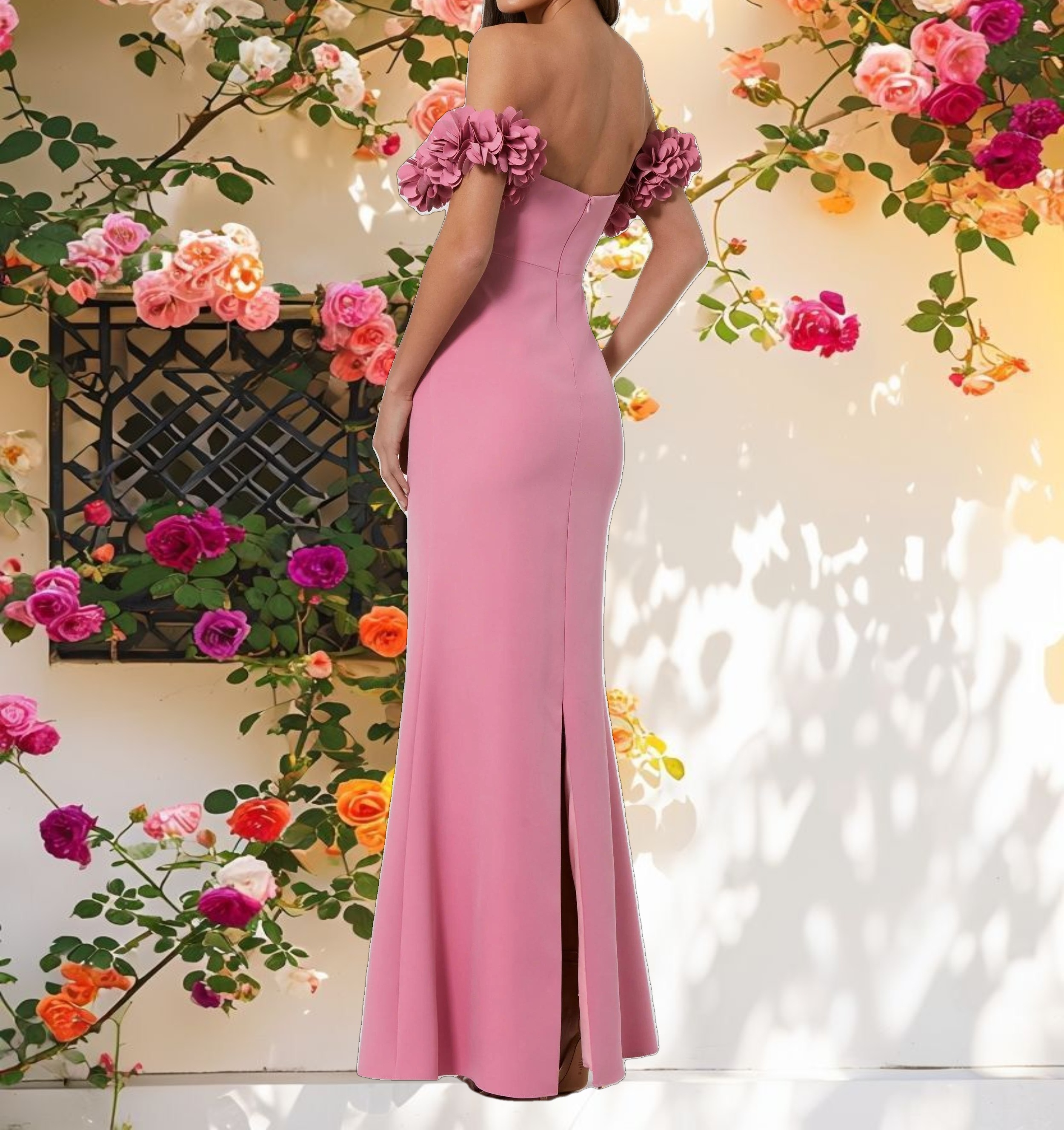 Pink Crepe Off The Shoulder Gown With 3D Flowers